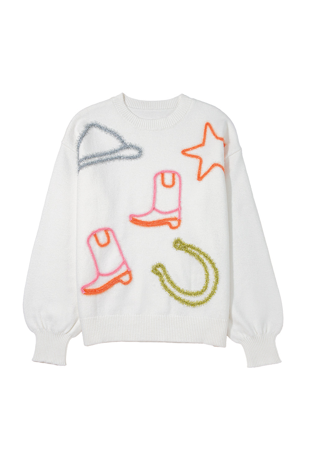 White Tinsel Western Boots Horseshoe Star Knit Crew Neck Sweater-TOPS / DRESSES-[Adult]-[Female]-2022 Online Blue Zone Planet