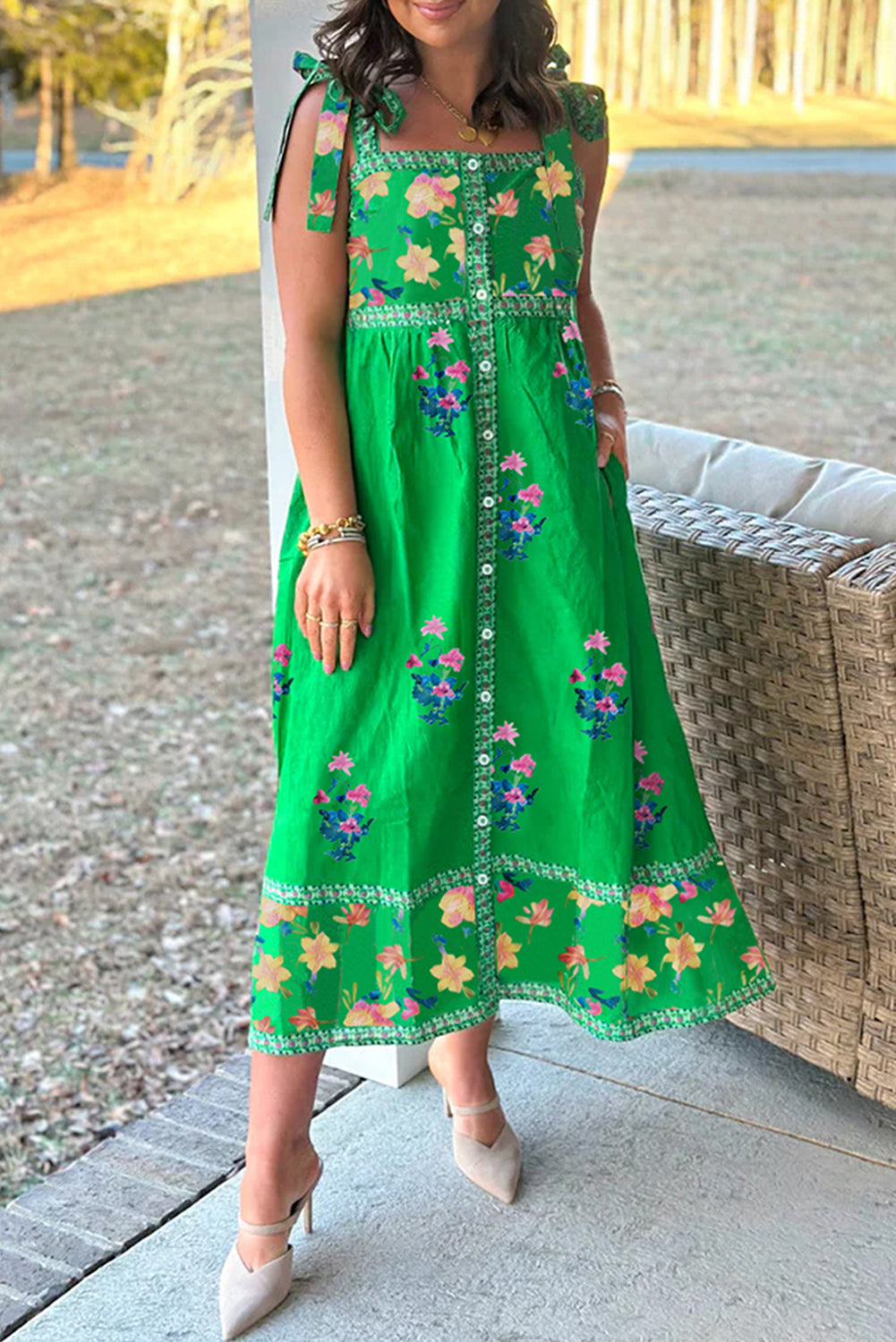 Green Floral Print Contrast Trim Knotted Straps Midi Dress-Midi Dresses-[Adult]-[Female]-Green-L-2022 Online Blue Zone Planet