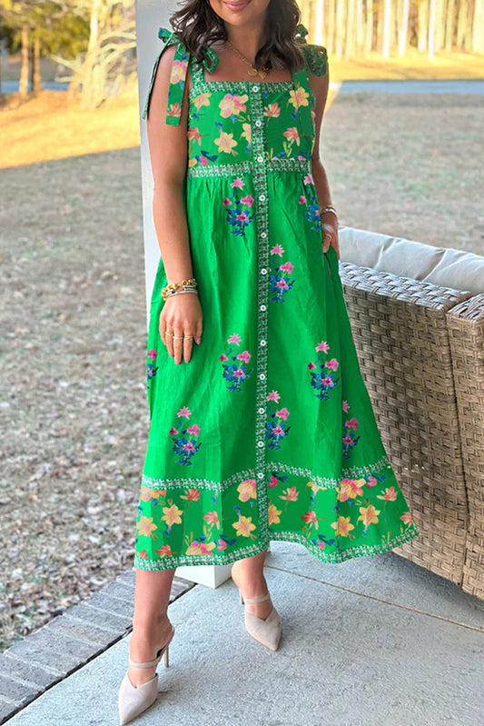 Green Floral Print Contrast Trim Knotted Straps Midi Dress-Midi Dresses-[Adult]-[Female]-Green-L-2022 Online Blue Zone Planet