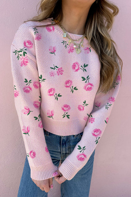 Delicacy Sweet Floral Print Drop Shoulder Cropped Sweater-TOPS / DRESSES-[Adult]-[Female]-Delicacy-S-2022 Online Blue Zone Planet