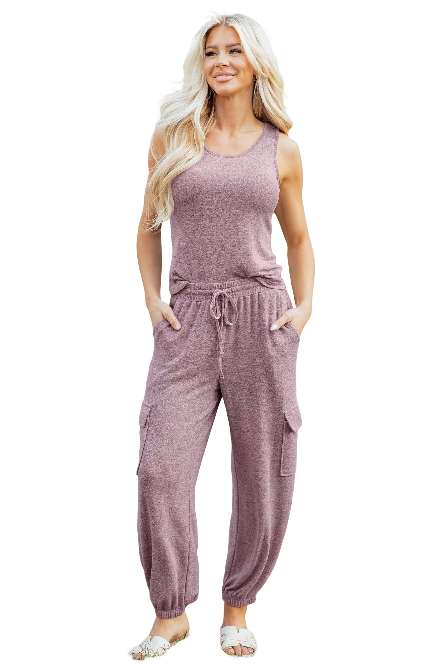 Orchid Bouquet Casual Tank Top Drawstring Jogger Pants 2pcs Outfit-Two Piece Sets/Pant Sets-[Adult]-[Female]-2022 Online Blue Zone Planet
