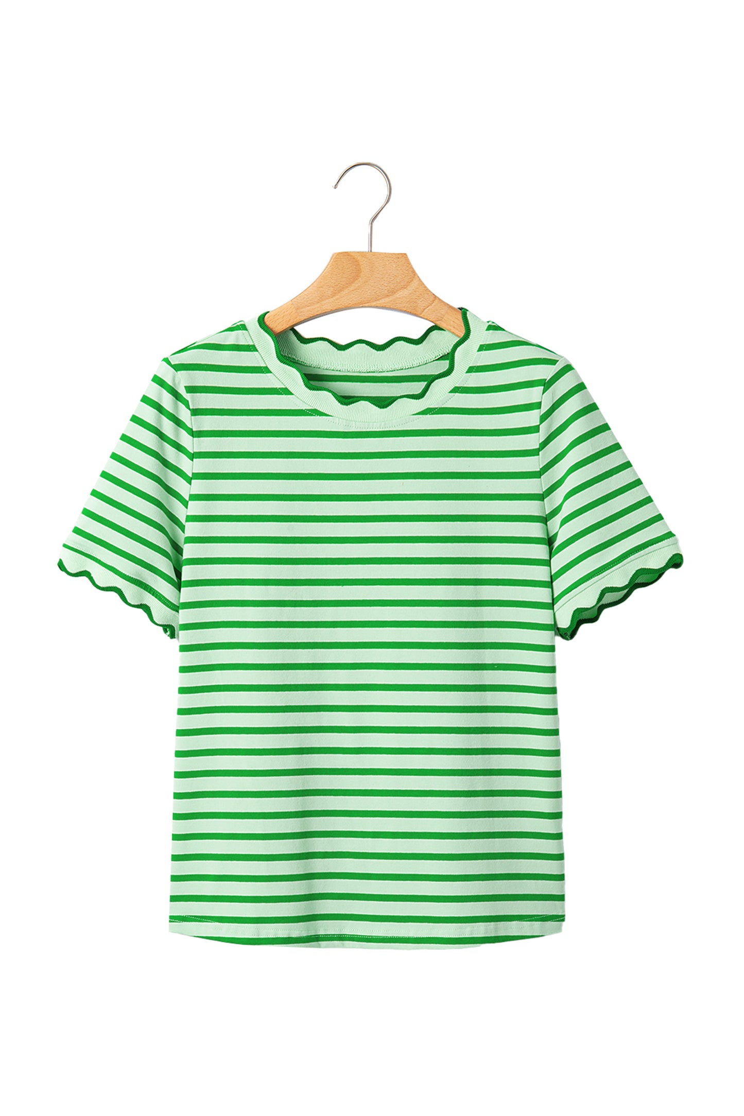 Green Stripe Scalloped Trim Round Neck T Shirt-Tops/Tops & Tees-[Adult]-[Female]-2022 Online Blue Zone Planet