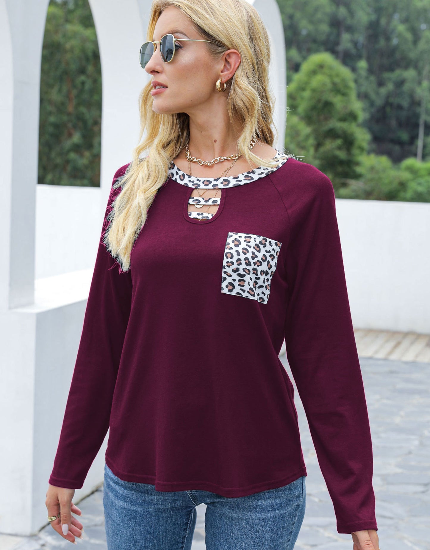 Cutout Leopard Round Neck Long Sleeve T-Shirt-TOPS / DRESSES-[Adult]-[Female]-2022 Online Blue Zone Planet