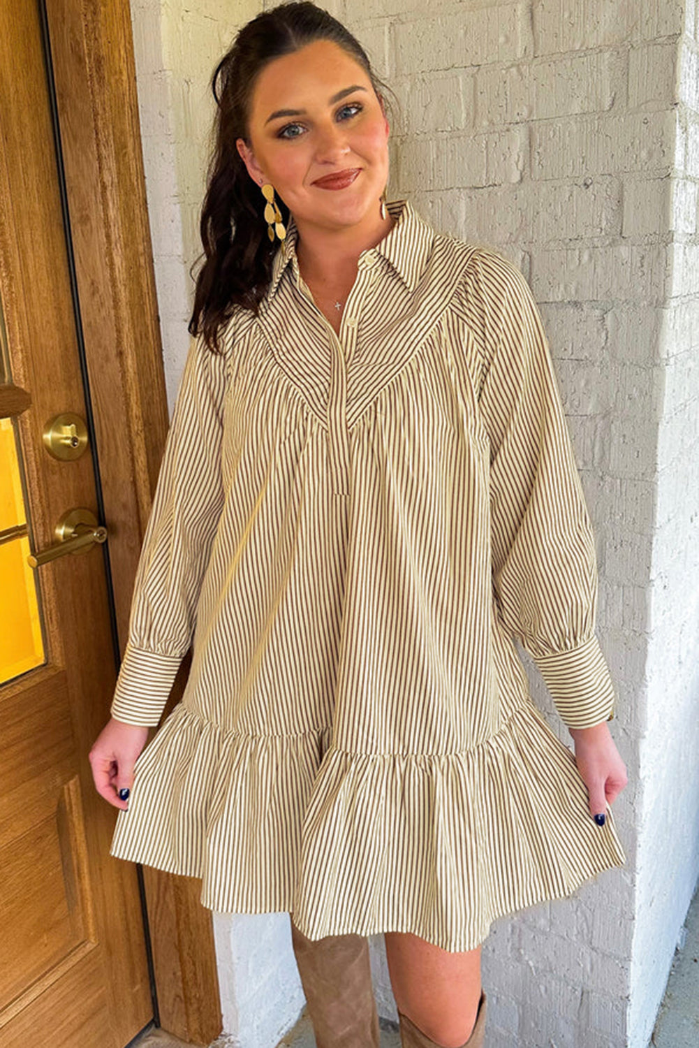 Brown Stripe Collared Neck Cuffed Long Sleeve Drop Waist Mini Dress-TOPS / DRESSES-[Adult]-[Female]-2022 Online Blue Zone Planet