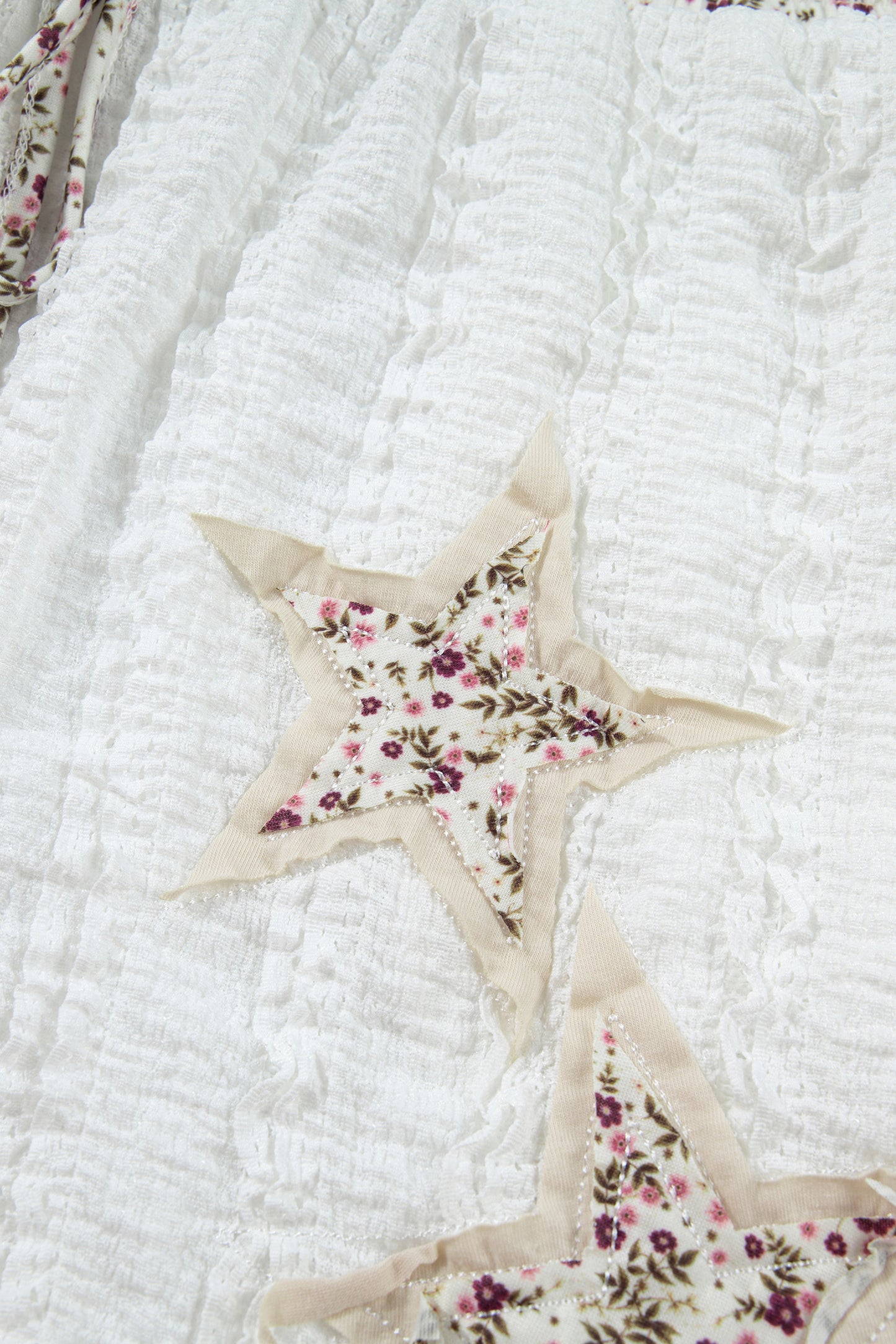 White Textured Lace Detail Floral Star Patch Drawstring Casual Shorts-Bottoms/Casual Shorts-[Adult]-[Female]-2022 Online Blue Zone Planet