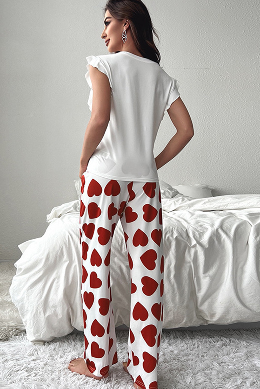 Pink Ruffled Tank Top And Heart Print Pants Lounge Set-Loungewear & Sleepwear/Loungewear-[Adult]-[Female]-2022 Online Blue Zone Planet