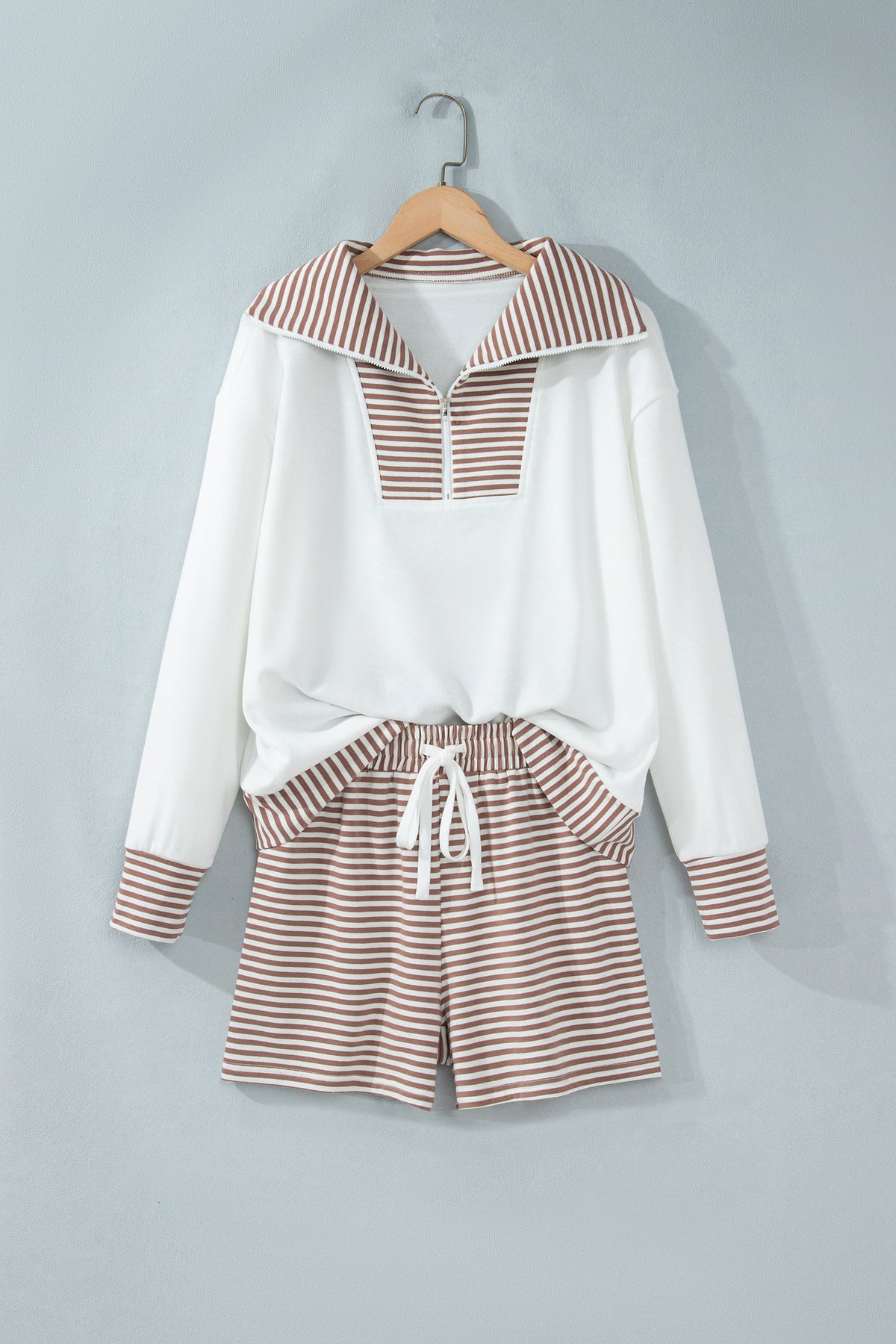 Khaki Stripe Color Block Patchwork Long Sleeve Top Drawstring Shorts Set-Two Piece Sets/Short Sets-[Adult]-[Female]-2022 Online Blue Zone Planet