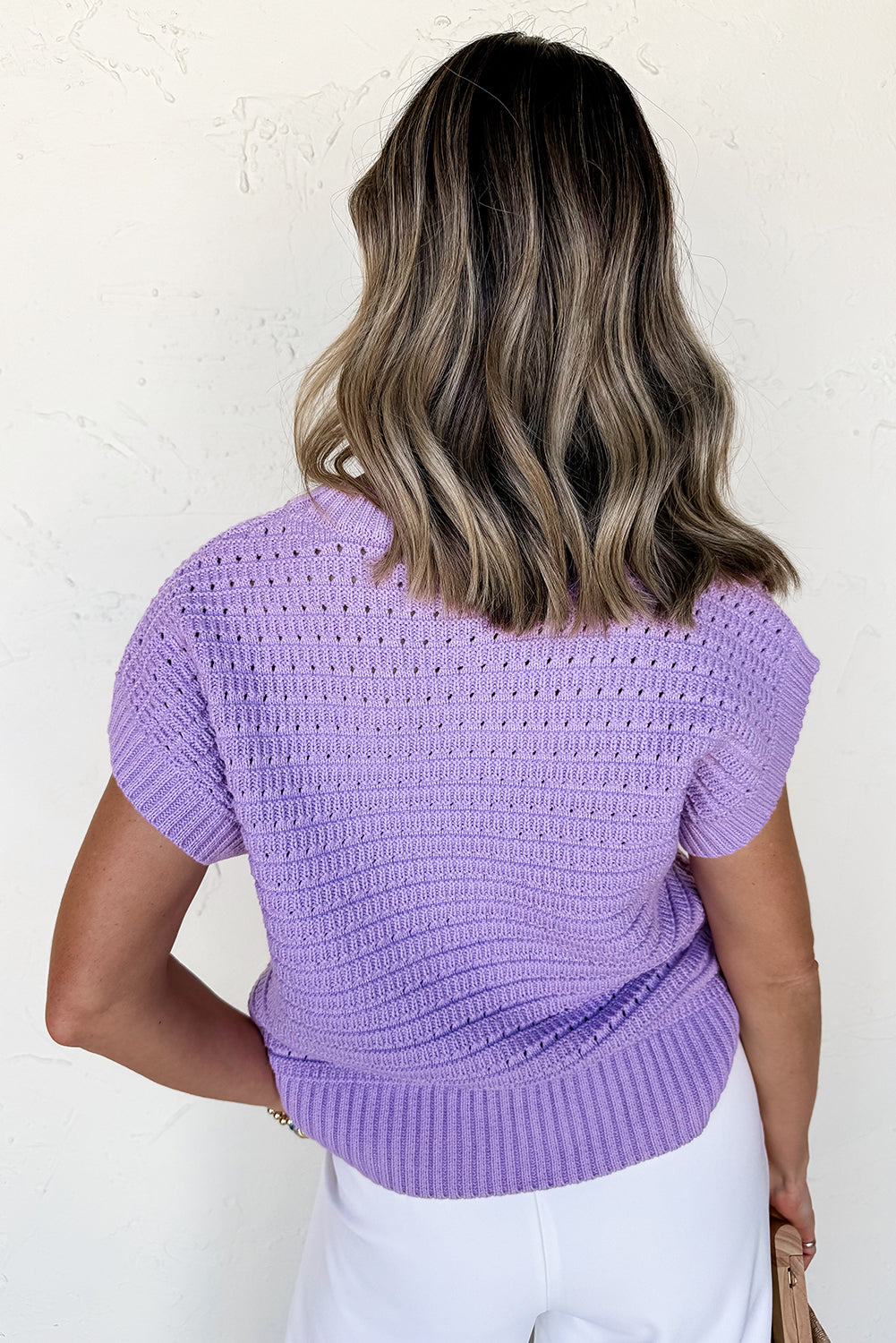 Lavendula Pointelle Knit Ribbed Trim Short Sleeve Sweater-TOPS / DRESSES-[Adult]-[Female]-2022 Online Blue Zone Planet