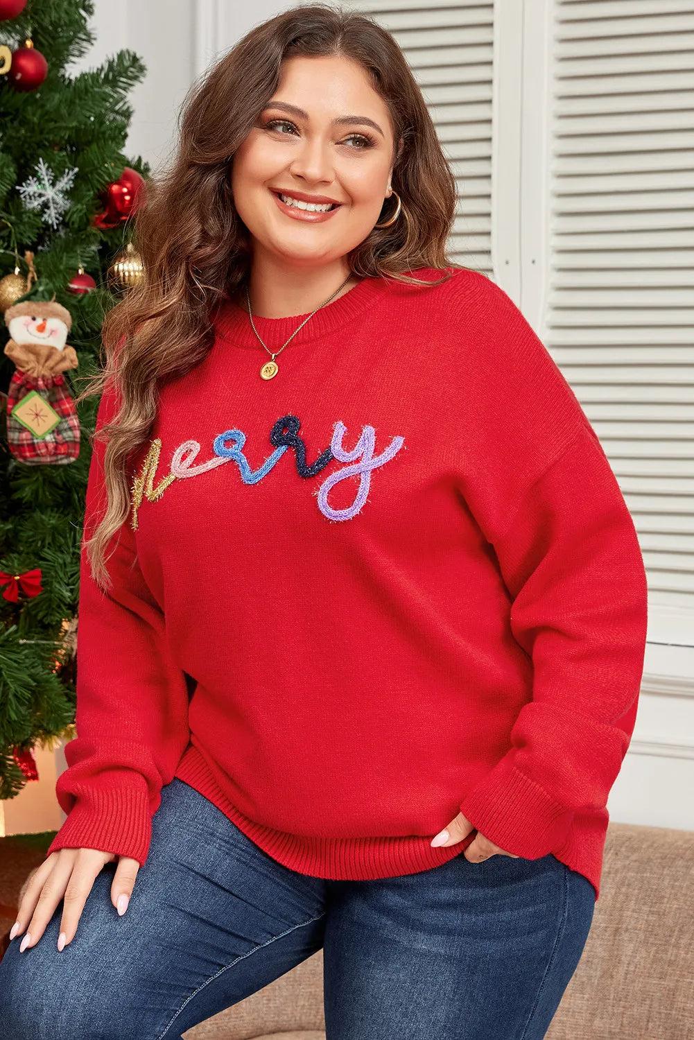 Plus Size MERRY Round Neck Long Sleeve Sweater-TOPS / DRESSES-[Adult]-[Female]-Deep Red-1XL-2022 Online Blue Zone Planet