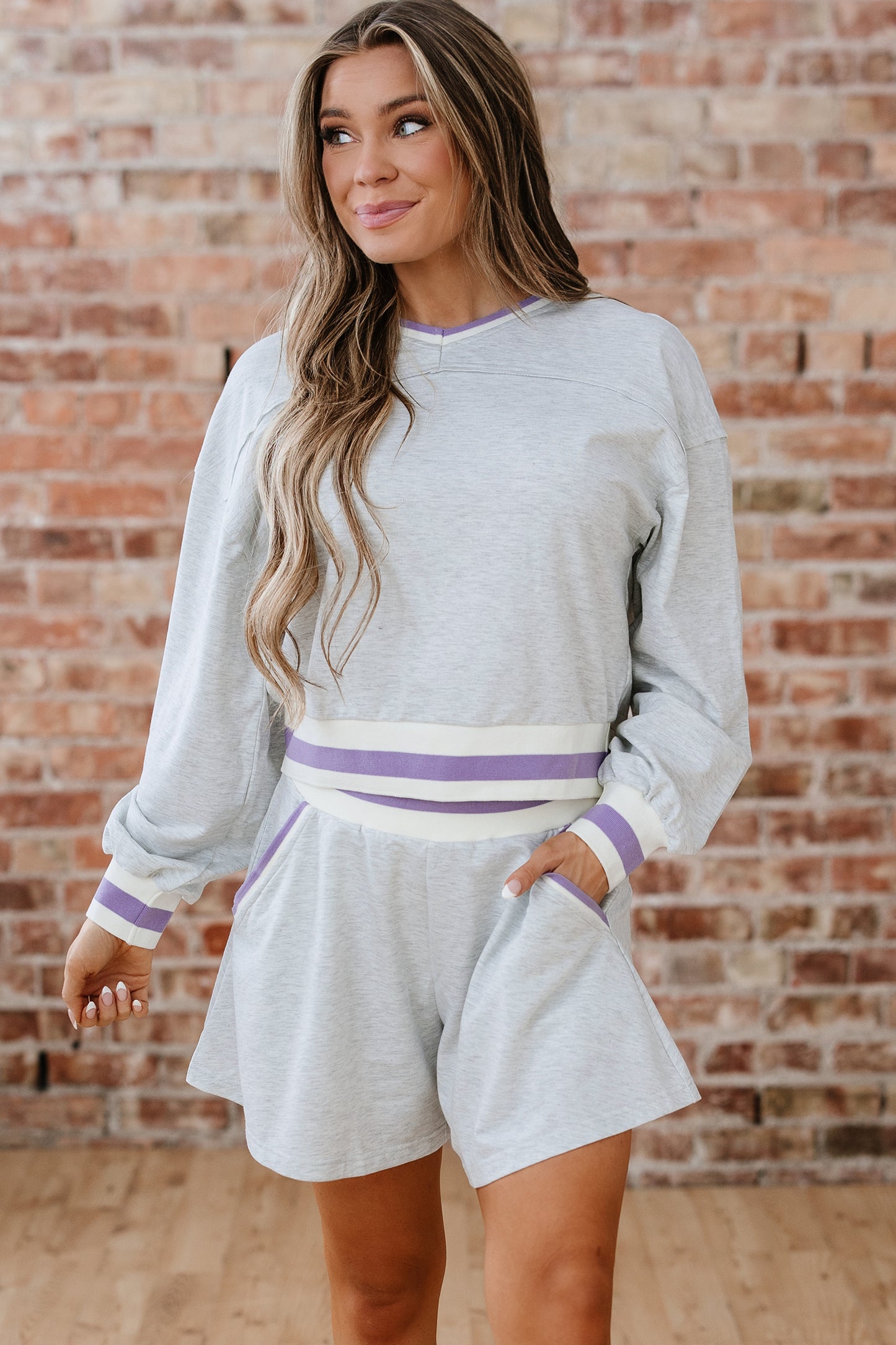Light Grey Contrast Striped BAnds Cropped Pullover and Athletic Short Set-Two Piece Sets/Short Sets-[Adult]-[Female]-2022 Online Blue Zone Planet