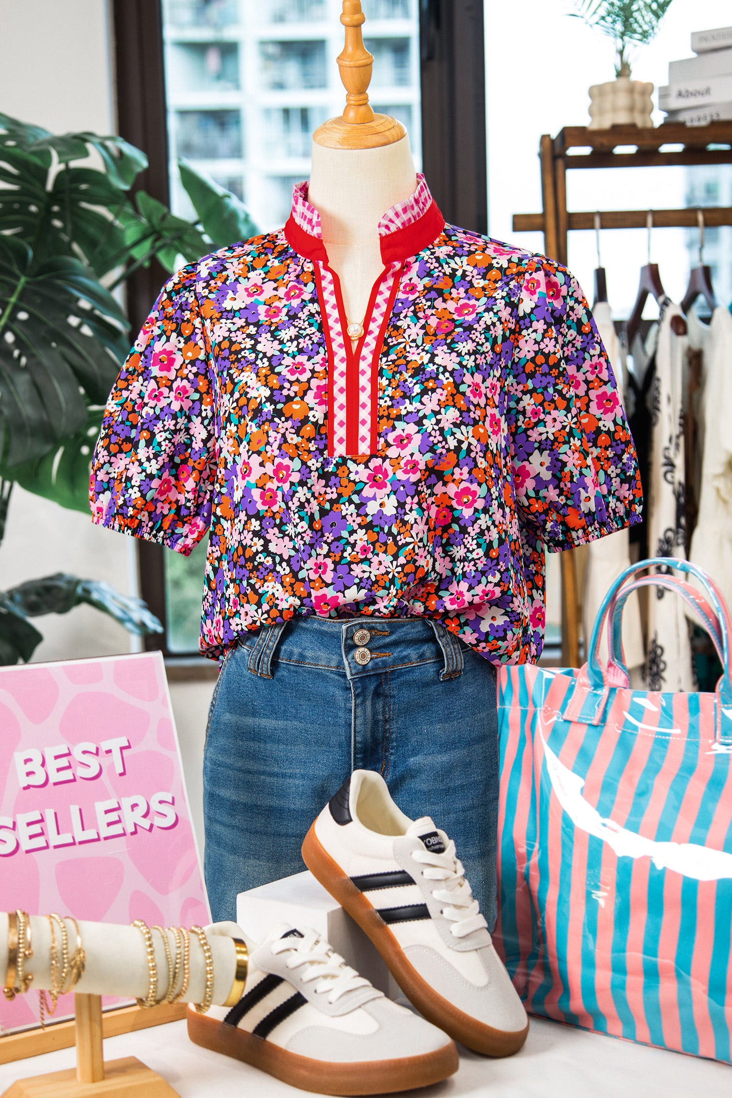 Purple Ditsy Floral Print Plaid Colorblock Trim V Neck Blouse-Tops/Blouses & Shirts-[Adult]-[Female]-2022 Online Blue Zone Planet