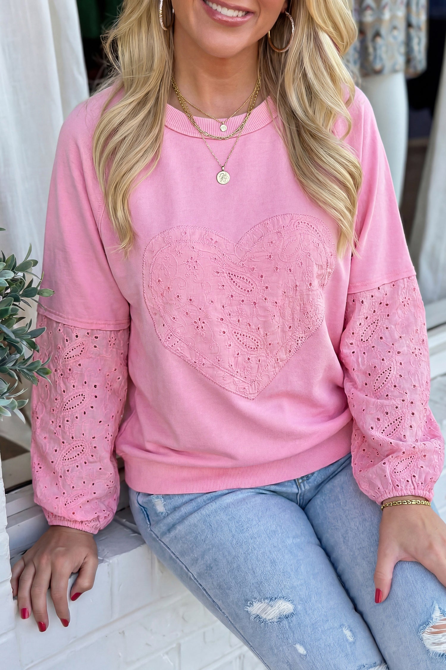 Pink Paisley Broderie Anglaise Valentine Heart Pattern Long Sleeve Patchwork Top-Tops/Long Sleeve Tops-[Adult]-[Female]-Pink-S-2022 Online Blue Zone Planet