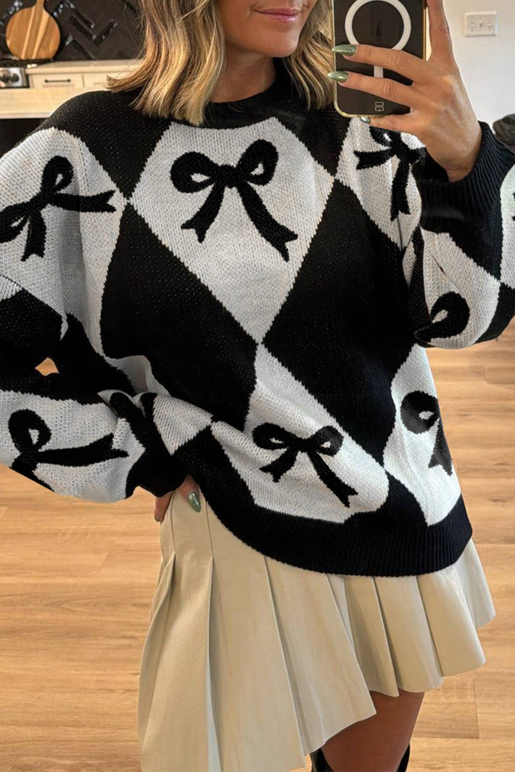 Red Bow Print 2-tone Rhombus Knit Loose Sweater-TOPS / DRESSES-[Adult]-[Female]-Black-L-2022 Online Blue Zone Planet