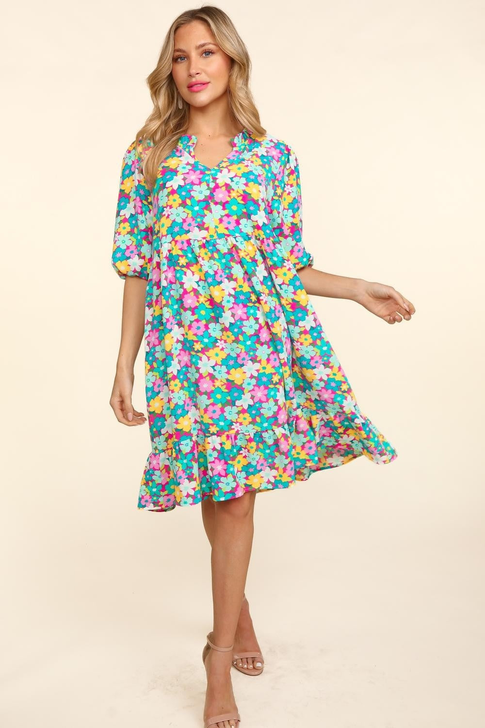 Haptics Bubble Sleeve Floral Ruffled Dress-TOPS / DRESSES-[Adult]-[Female]-Mint/Fuchsia-S-2022 Online Blue Zone Planet