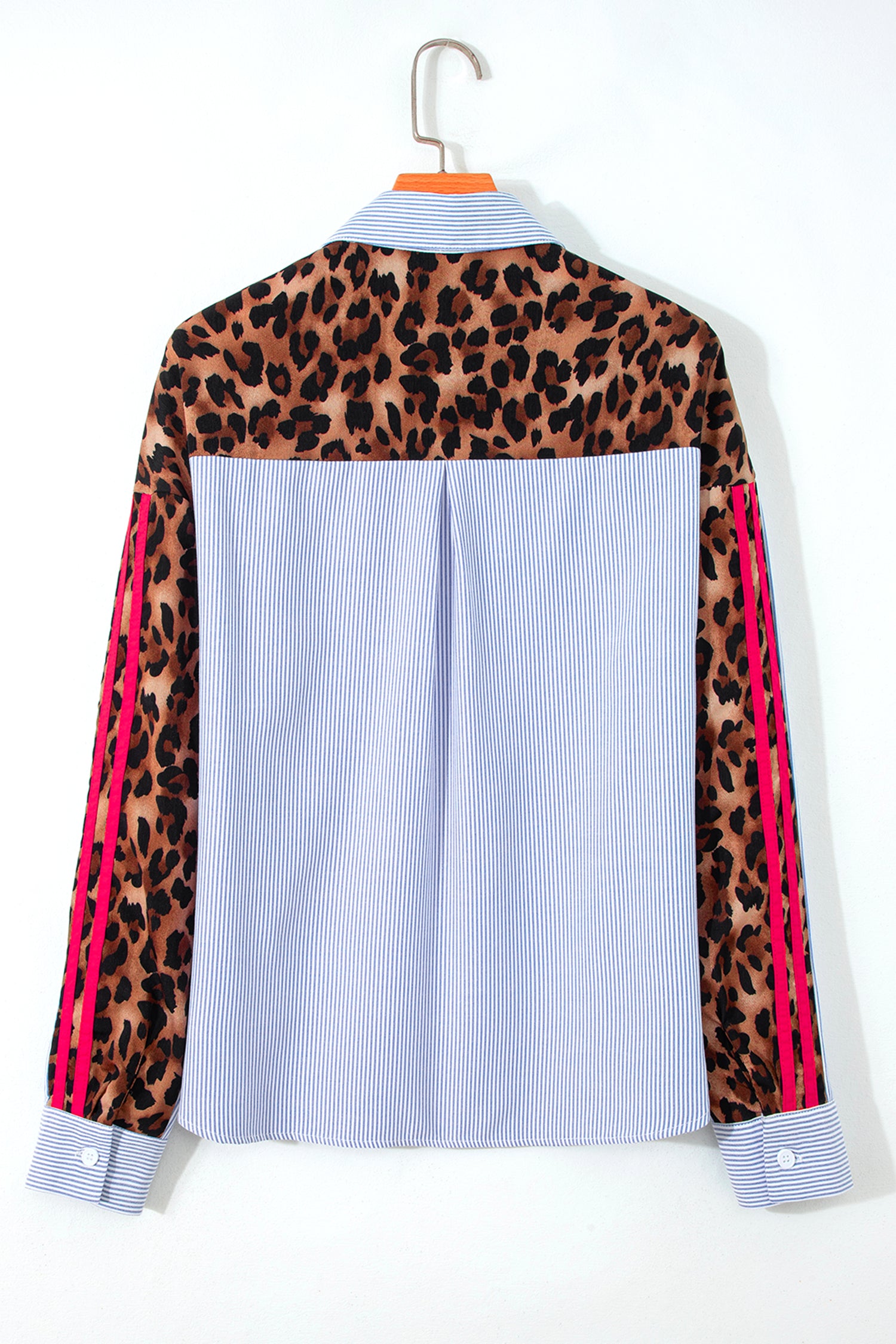 Sky Blue Stripe Contrasted Varsity Stripe Leopard Patchwork Button Down Shirt-Tops/Blouses & Shirts-[Adult]-[Female]-2022 Online Blue Zone Planet