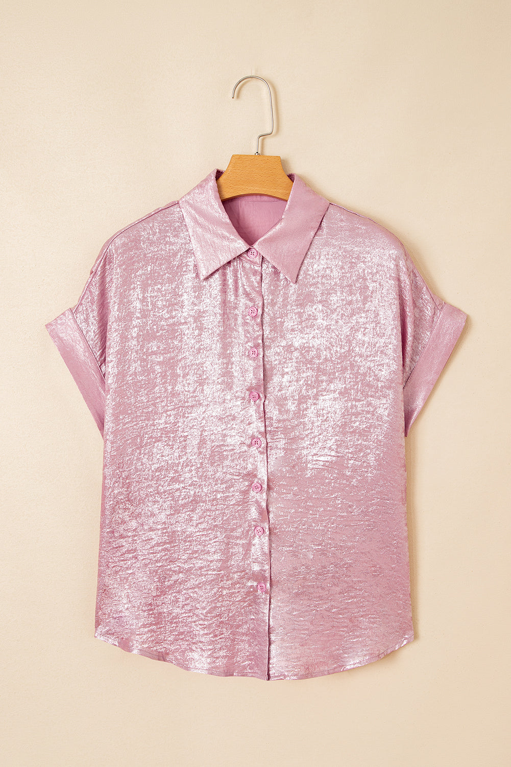 Pink Metallic Sheen Short Sleeve Buttoned Front Casual Shirt-Tops/Blouses & Shirts-[Adult]-[Female]-2022 Online Blue Zone Planet