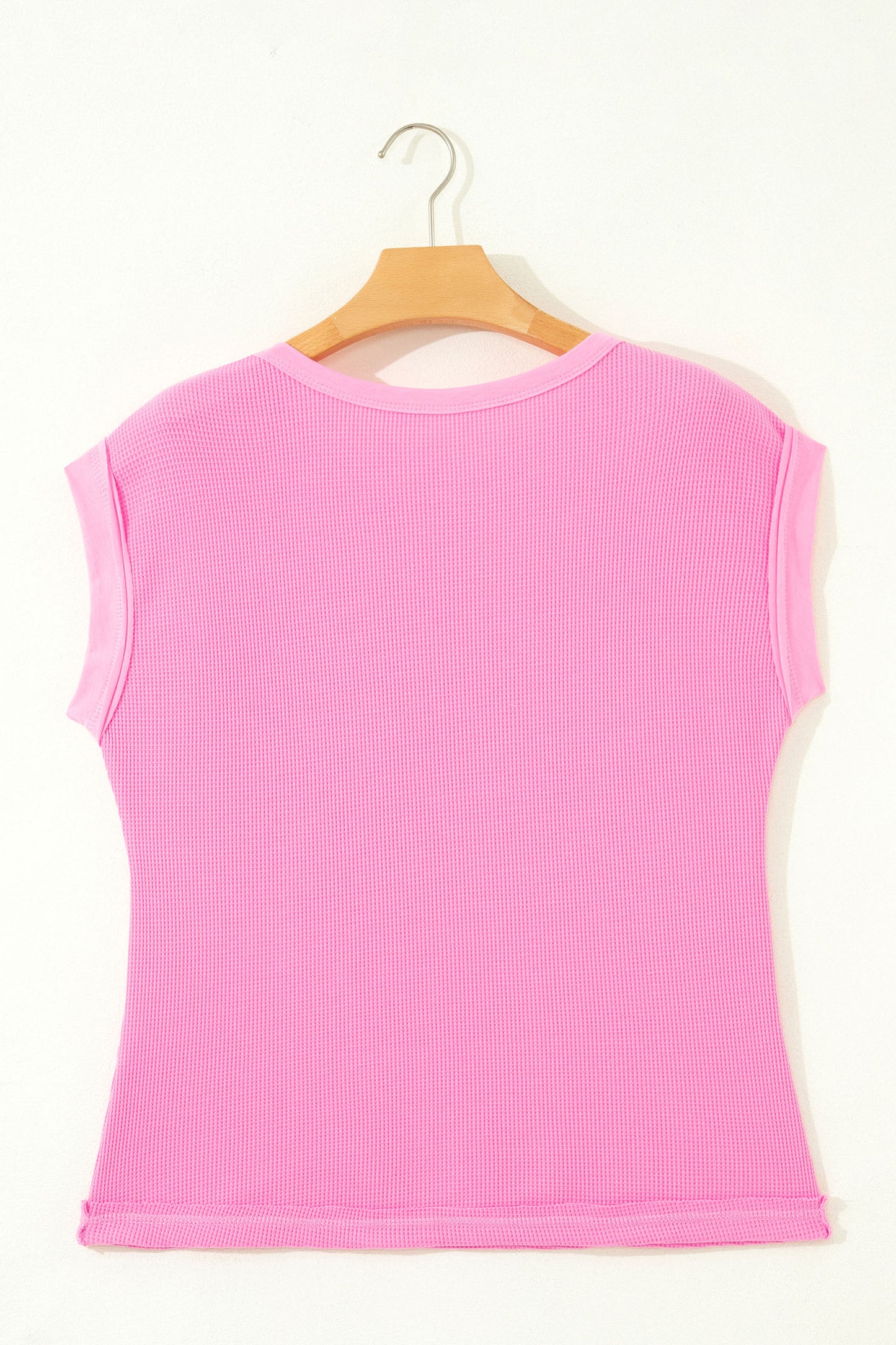 Pink Solid Color Raw Seam Waffled Patchwork Casual T Shirt-Tops/Tops & Tees-[Adult]-[Female]-2022 Online Blue Zone Planet
