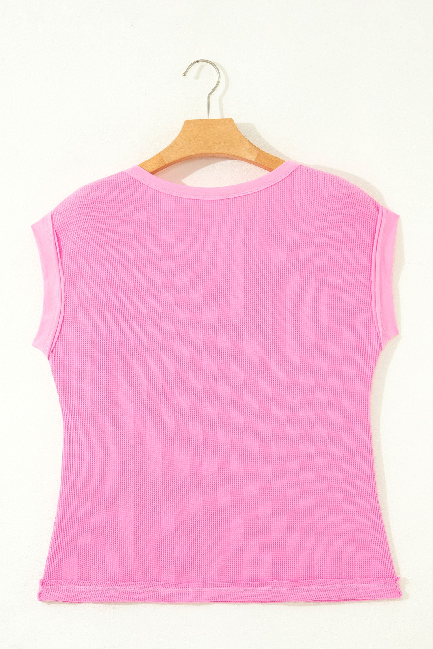 Pink Solid Color Raw Seam Waffled Patchwork Casual T Shirt-Tops/Tops & Tees-[Adult]-[Female]-2022 Online Blue Zone Planet