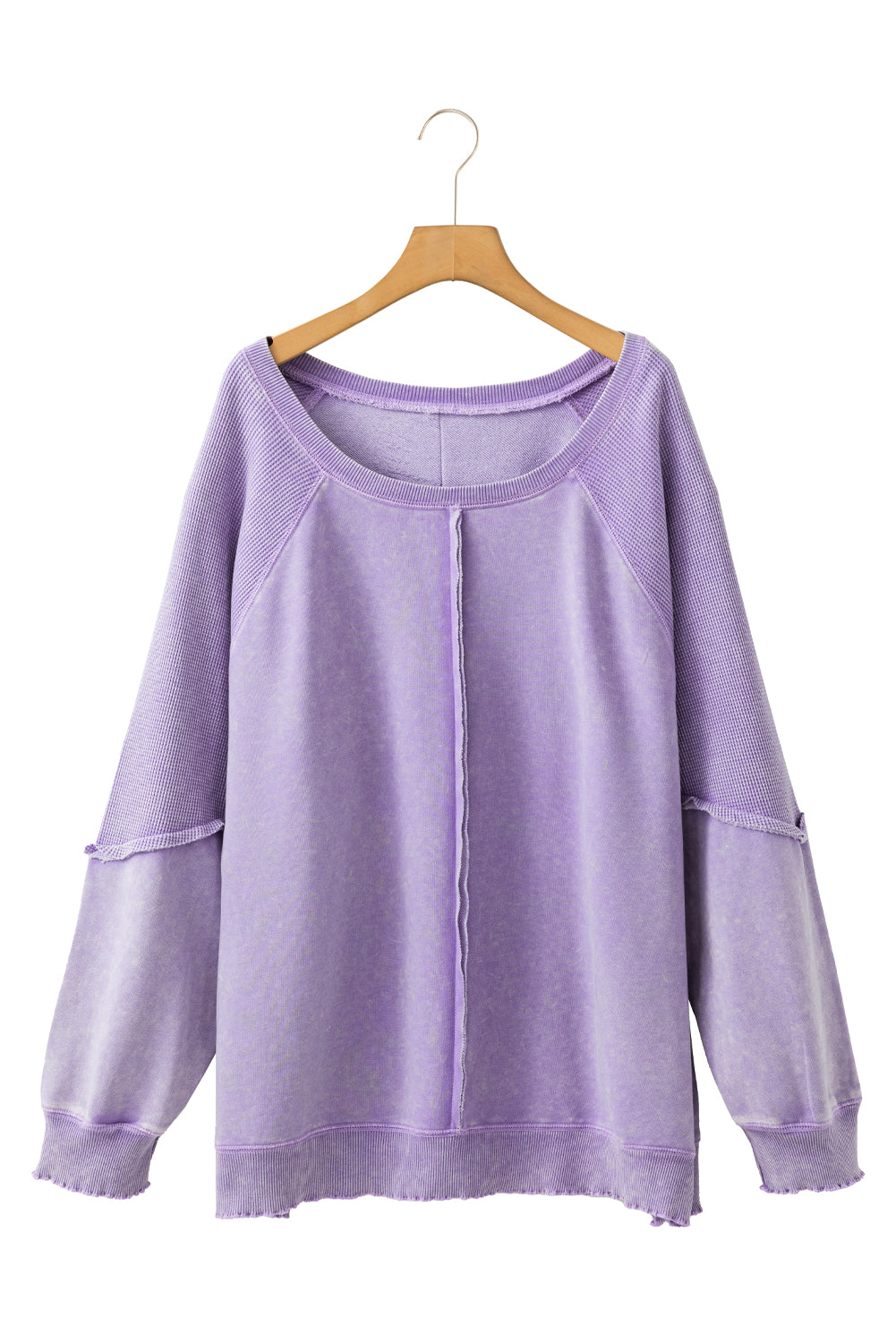 Blue Zone Planet | Orchid Petal Textured Patchwork Frilled Trim Plus Size Pullover Sweatshirt-Plus Size/Plus Size Sweatshirts & Hoodies-[Adult]-[Female]-2022 Online Blue Zone Planet