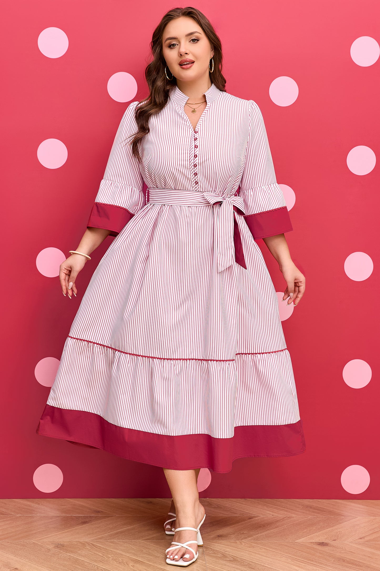 Red Stripe Plus Size Ruffled Hem Pinstriped Midi Dress-TOPS / DRESSES-[Adult]-[Female]-2022 Online Blue Zone Planet