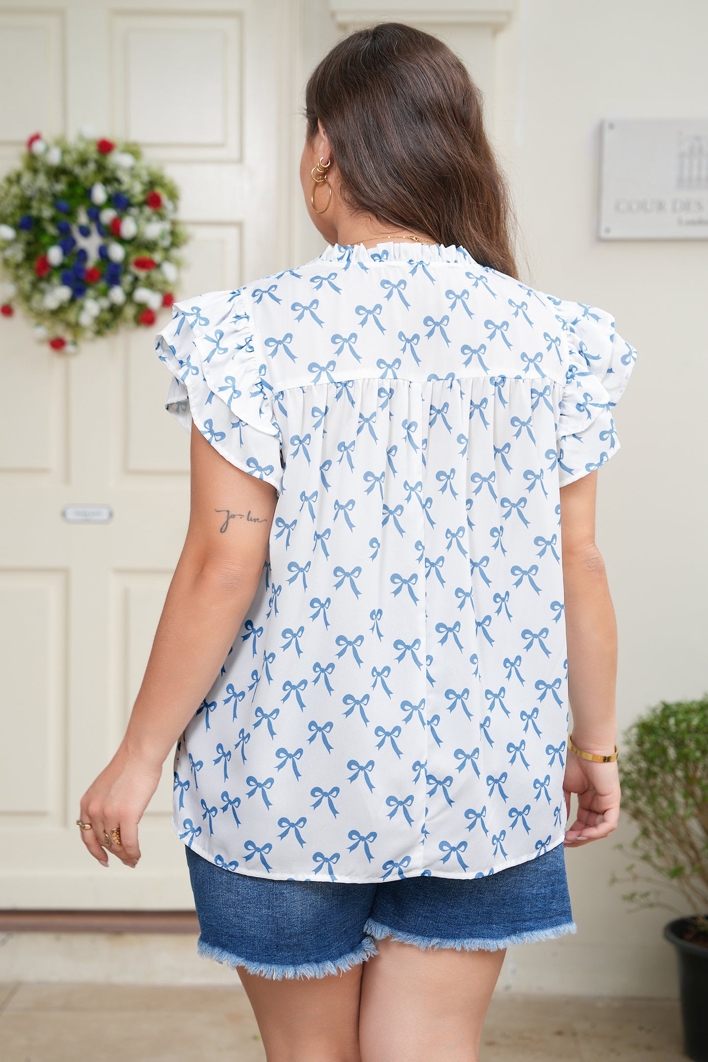 Sky Blue Ruffled Short Sleeve Plus Size Bow Top-Plus Size/Plus Size Tops/Plus Size Blouses & Shirts-[Adult]-[Female]-2022 Online Blue Zone Planet
