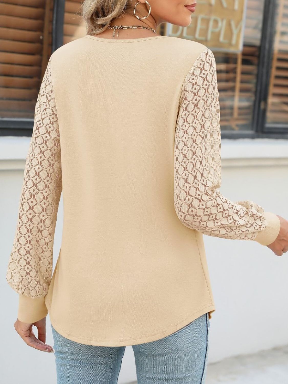 Cutout Round Neck Lace Long Sleeve Blouse-TOPS / DRESSES-[Adult]-[Female]-2022 Online Blue Zone Planet