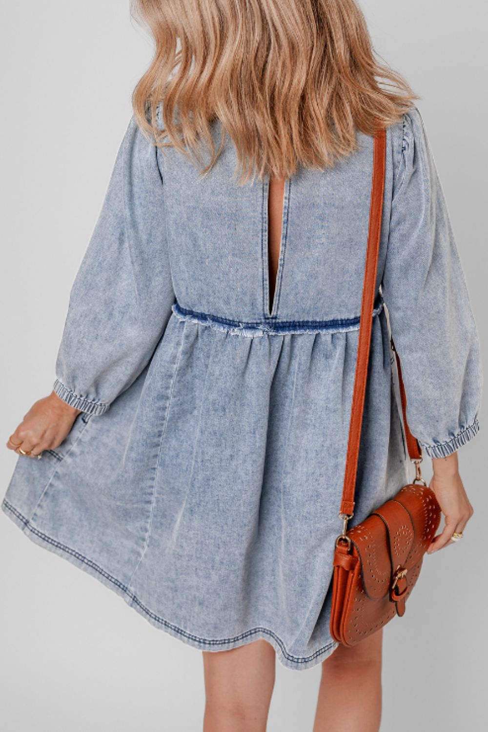 Cutout Round Neck Balloon Sleeve Denim Dress-TOPS / DRESSES-[Adult]-[Female]-2022 Online Blue Zone Planet