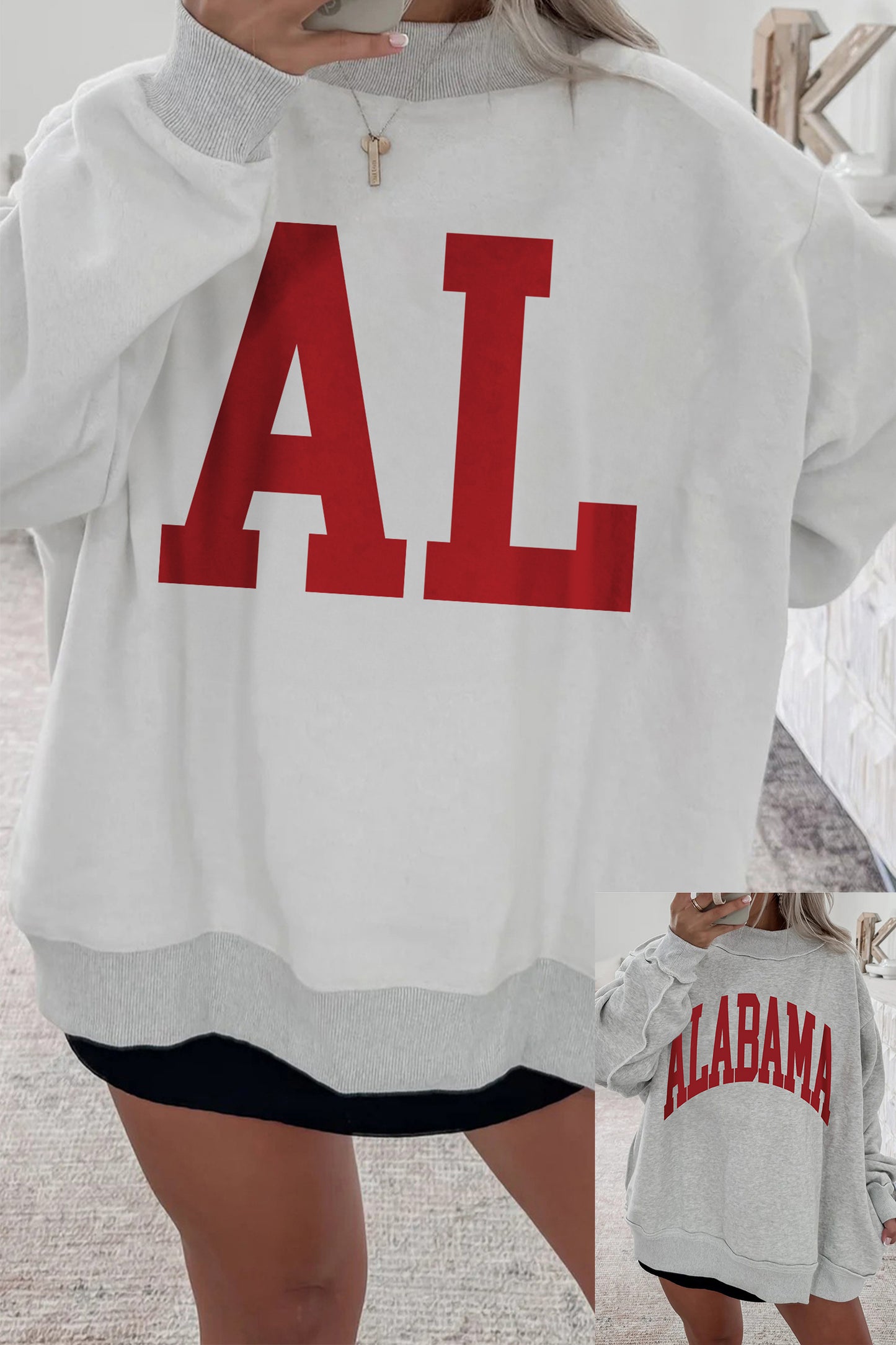 Light Grey AL Reversible Printed Ribbed Patchwork Mock Neck Sweatshirt-Graphic/Graphic Sweatshirts-[Adult]-[Female]-Light Grey-S-2022 Online Blue Zone Planet
