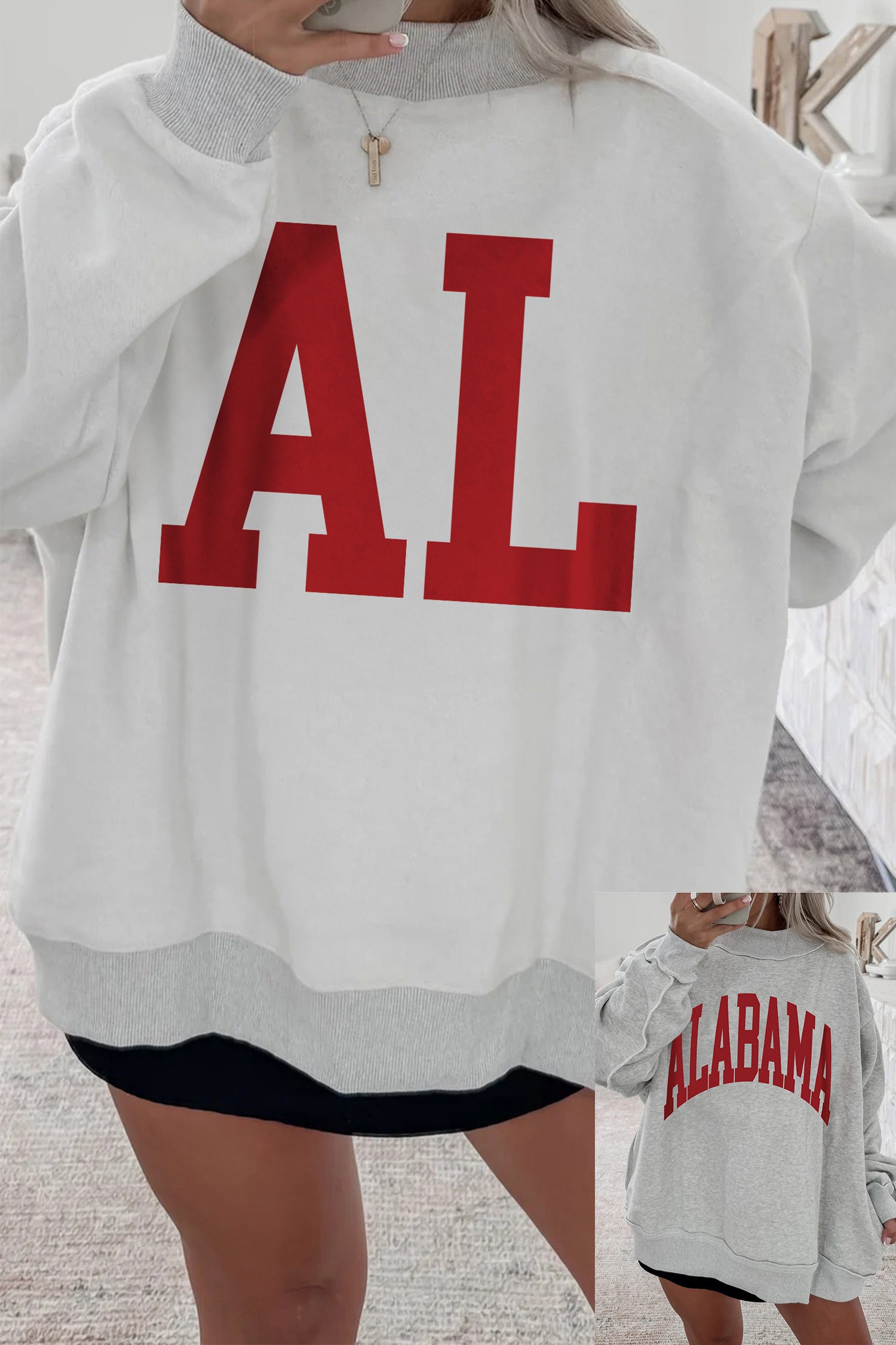 Light Grey AL Reversible Printed Ribbed Patchwork Mock Neck Sweatshirt-Graphic/Graphic Sweatshirts-[Adult]-[Female]-Light Grey-S-2022 Online Blue Zone Planet