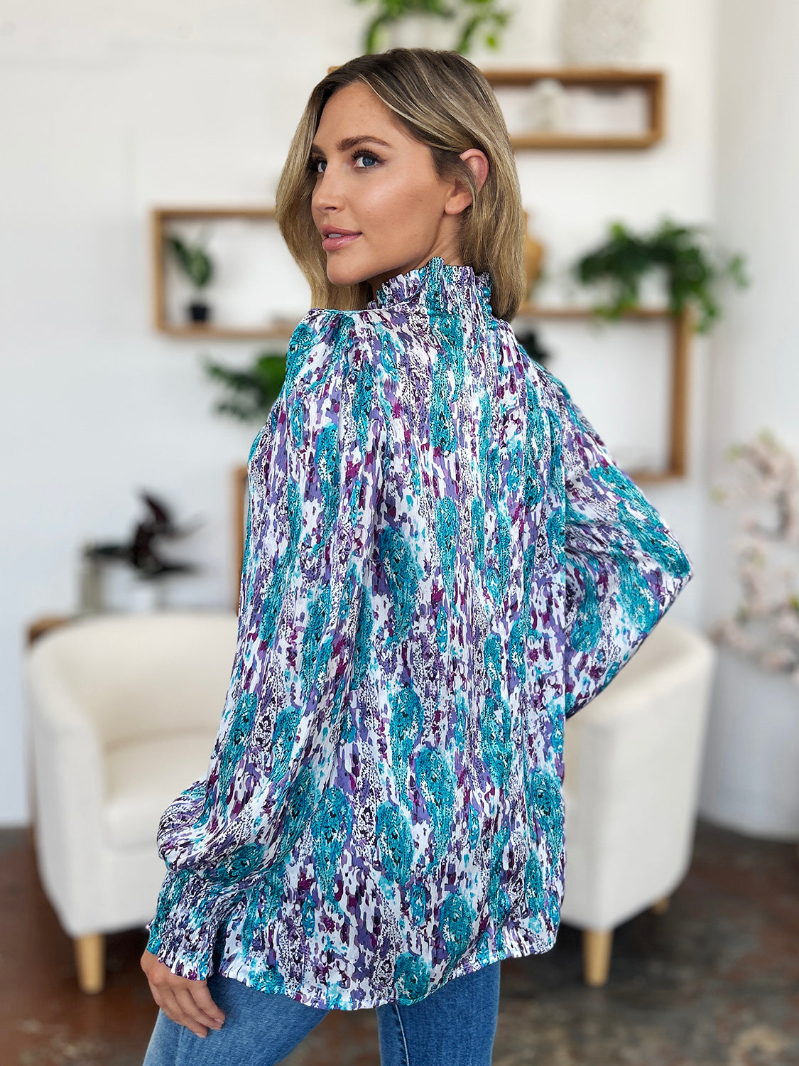 Blue Zone Planet | Double Take Full Size Printed Smocked Long Sleeve Blouse-TOPS / DRESSES-[Adult]-[Female]-2022 Online Blue Zone Planet