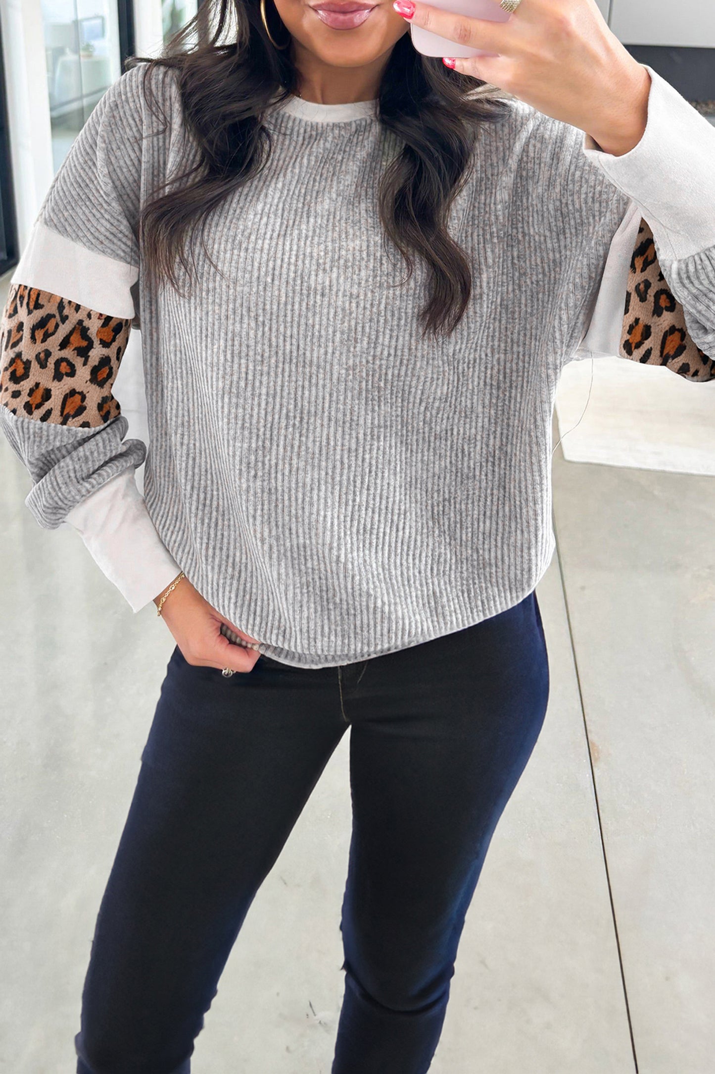 Gray Leopard Print Colorblock Patchwork Ribbed Knit Top-Tops/Long Sleeve Tops-[Adult]-[Female]-2022 Online Blue Zone Planet