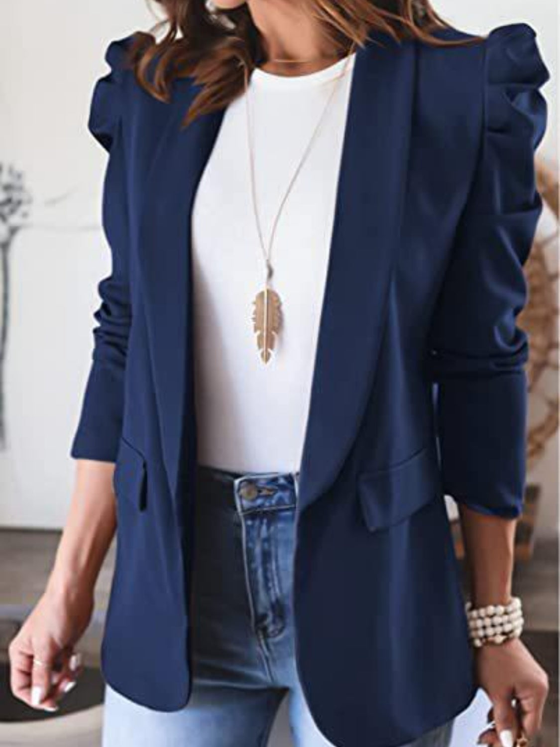 Collared Neck Puff Sleeve Blazer-TOPS / DRESSES-[Adult]-[Female]-Dark Blue-S-2022 Online Blue Zone Planet