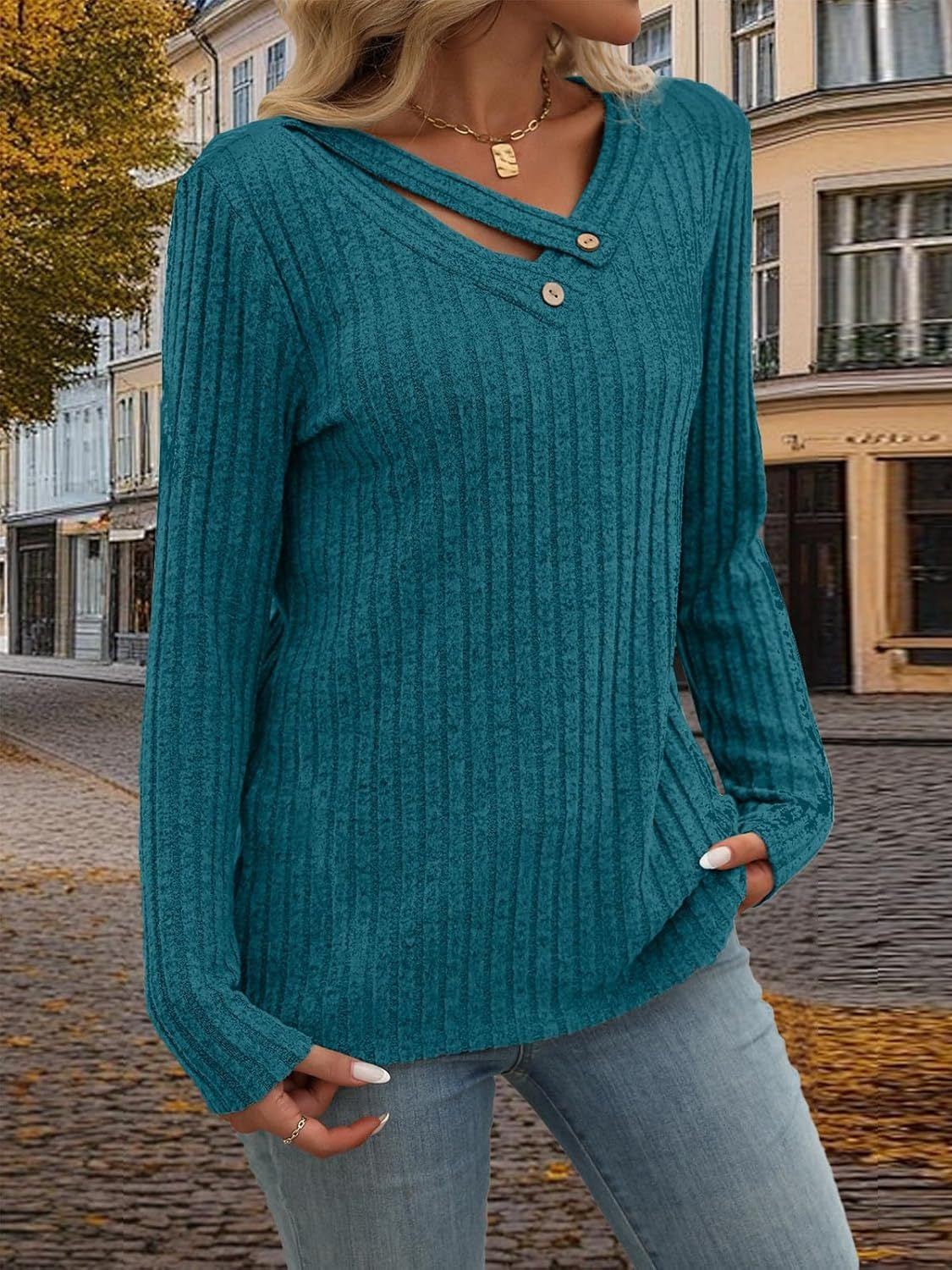 Ribbed V-Neck Long Sleeve T-Shirt-TOPS / DRESSES-[Adult]-[Female]-2022 Online Blue Zone Planet