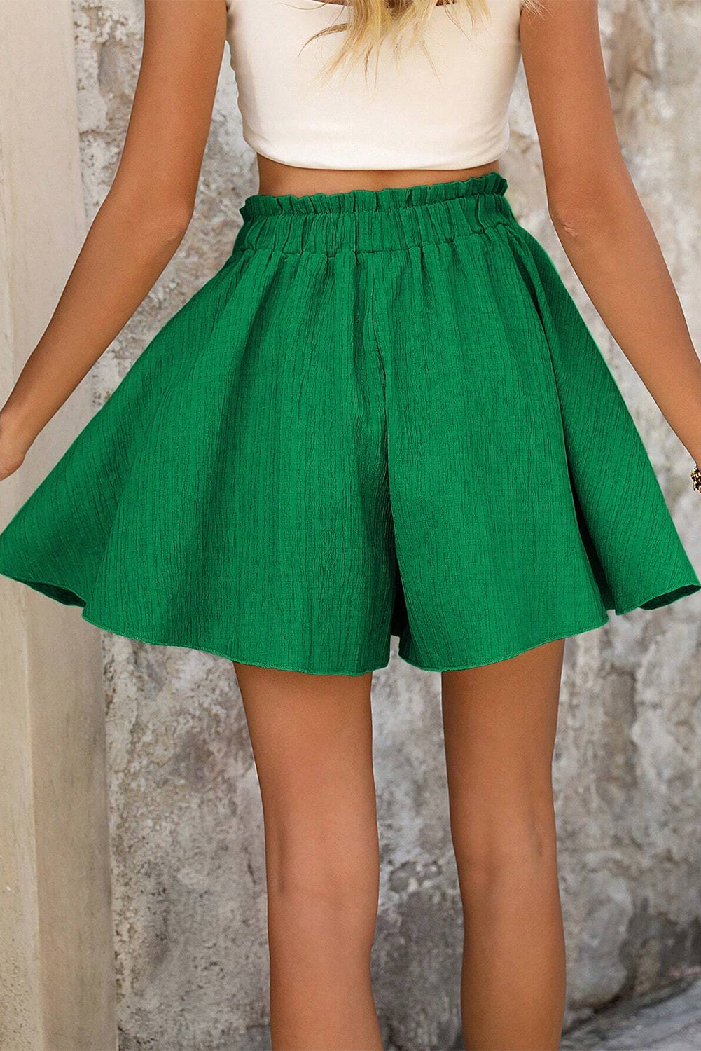 Dark Green Textured Frilled Lace-up High Waist Ruffle Wide Leg Shorts-Bottoms/Casual Shorts-[Adult]-[Female]-2022 Online Blue Zone Planet