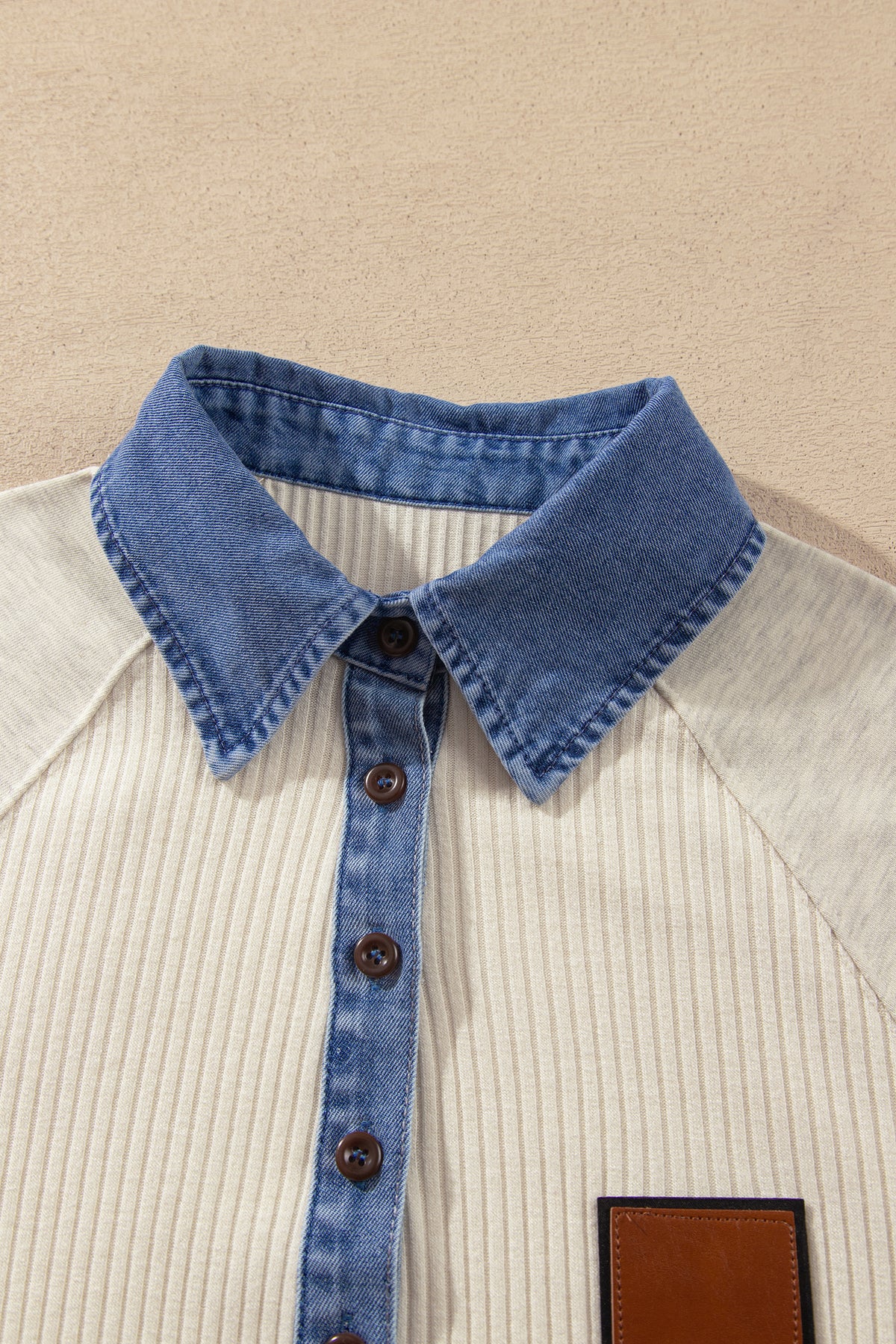 Light Grey Ribbed Denim Colorblock Detail Button Collar Long Sleeve Top-Tops/Long Sleeve Tops-[Adult]-[Female]-2022 Online Blue Zone Planet