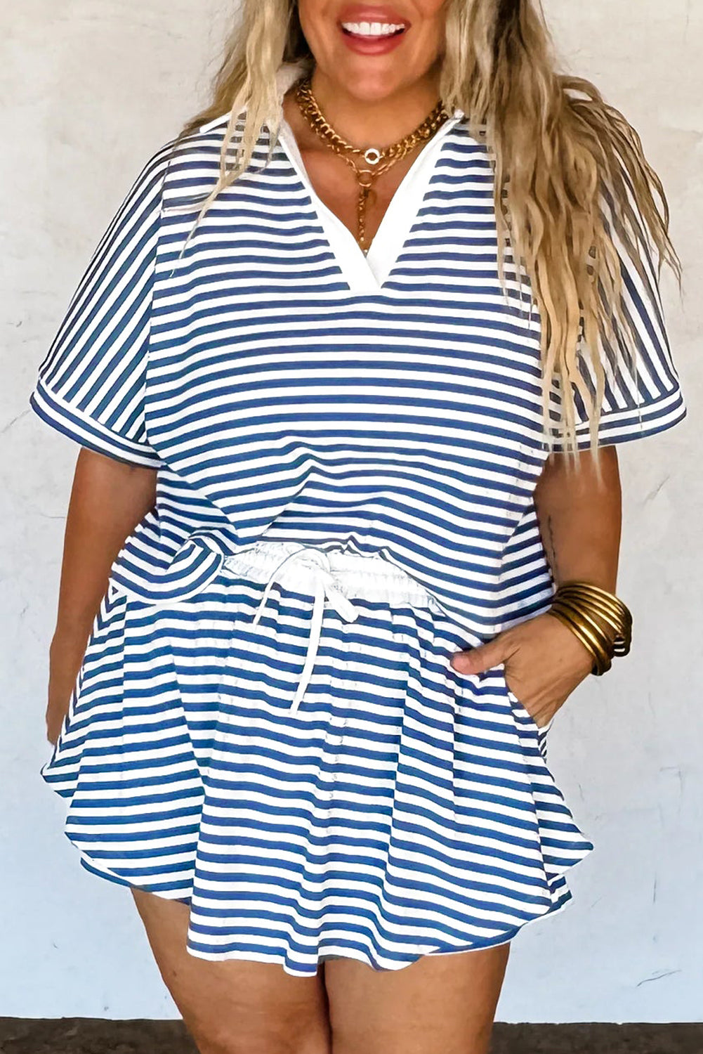 Blue Stripe Short Sleeve Collared V Neck Top Plus Size Skort Set-Plus Size/Plus Size Loungewear-[Adult]-[Female]-Blue Stripe-1X-2022 Online Blue Zone Planet