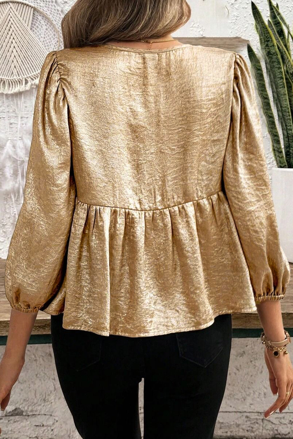 Gold Bow Tie Front Puff 3/4 Sleeve Ruffle Hem Blouse-Tops/Blouses & Shirts-[Adult]-[Female]-2022 Online Blue Zone Planet