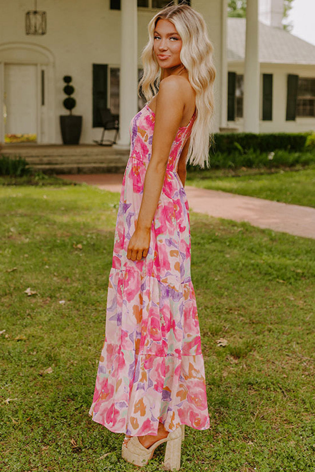 Pink Abstract Floral Print Shirred One Shoulder Maxi Dress-TOPS / DRESSES-[Adult]-[Female]-2022 Online Blue Zone Planet
