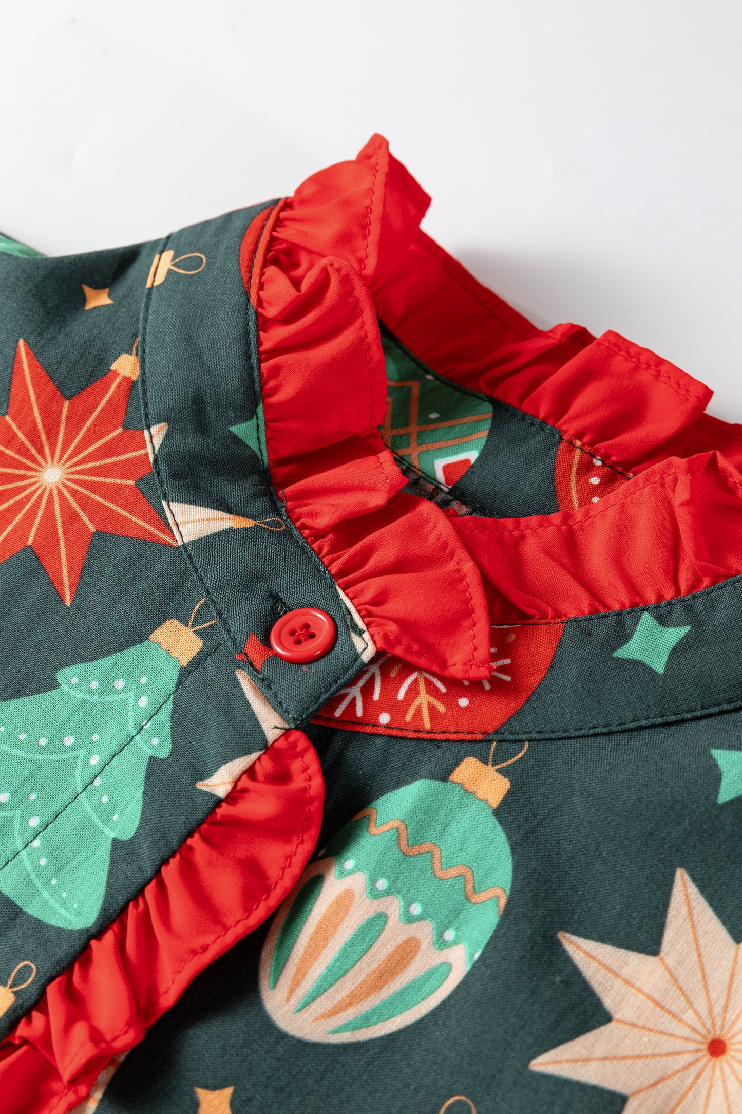 Green Christmas Fashion Print Contrast Trim Frilled Neck Short Sleeve Blouse-Tops/Blouses & Shirts-[Adult]-[Female]-2022 Online Blue Zone Planet