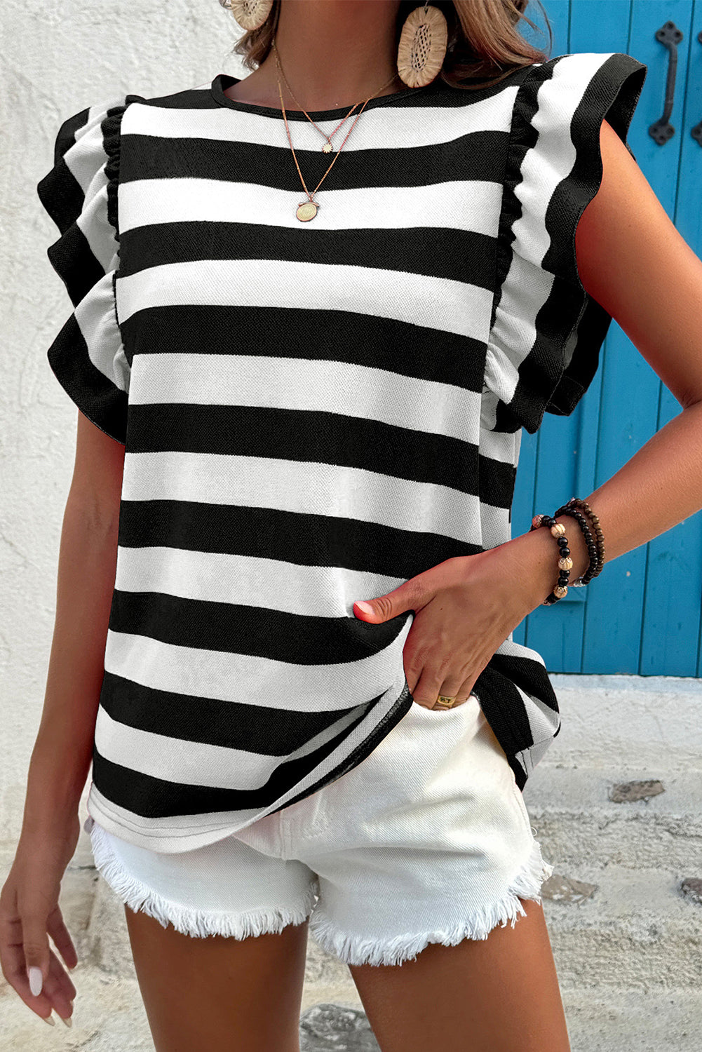 Black Stripe Flutter Sleeve Round Neck T Shirt-Tops/Tops & Tees-[Adult]-[Female]-2022 Online Blue Zone Planet