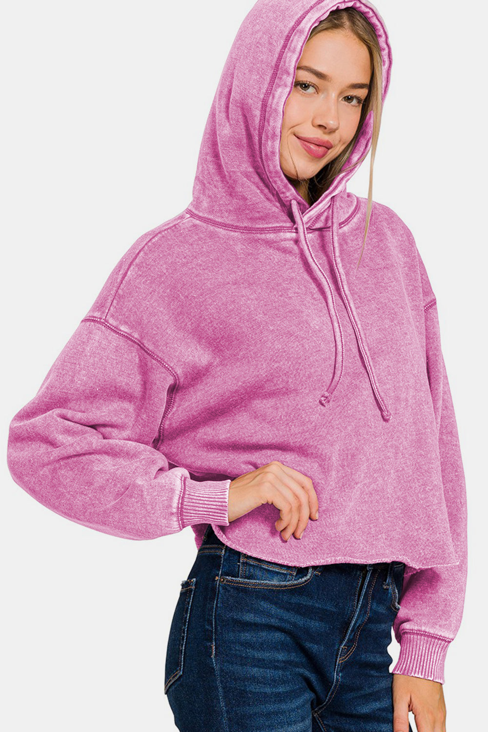 Zenana Acid Wash Fleece Cropped Hoodie-TOPS / DRESSES-[Adult]-[Female]-2022 Online Blue Zone Planet