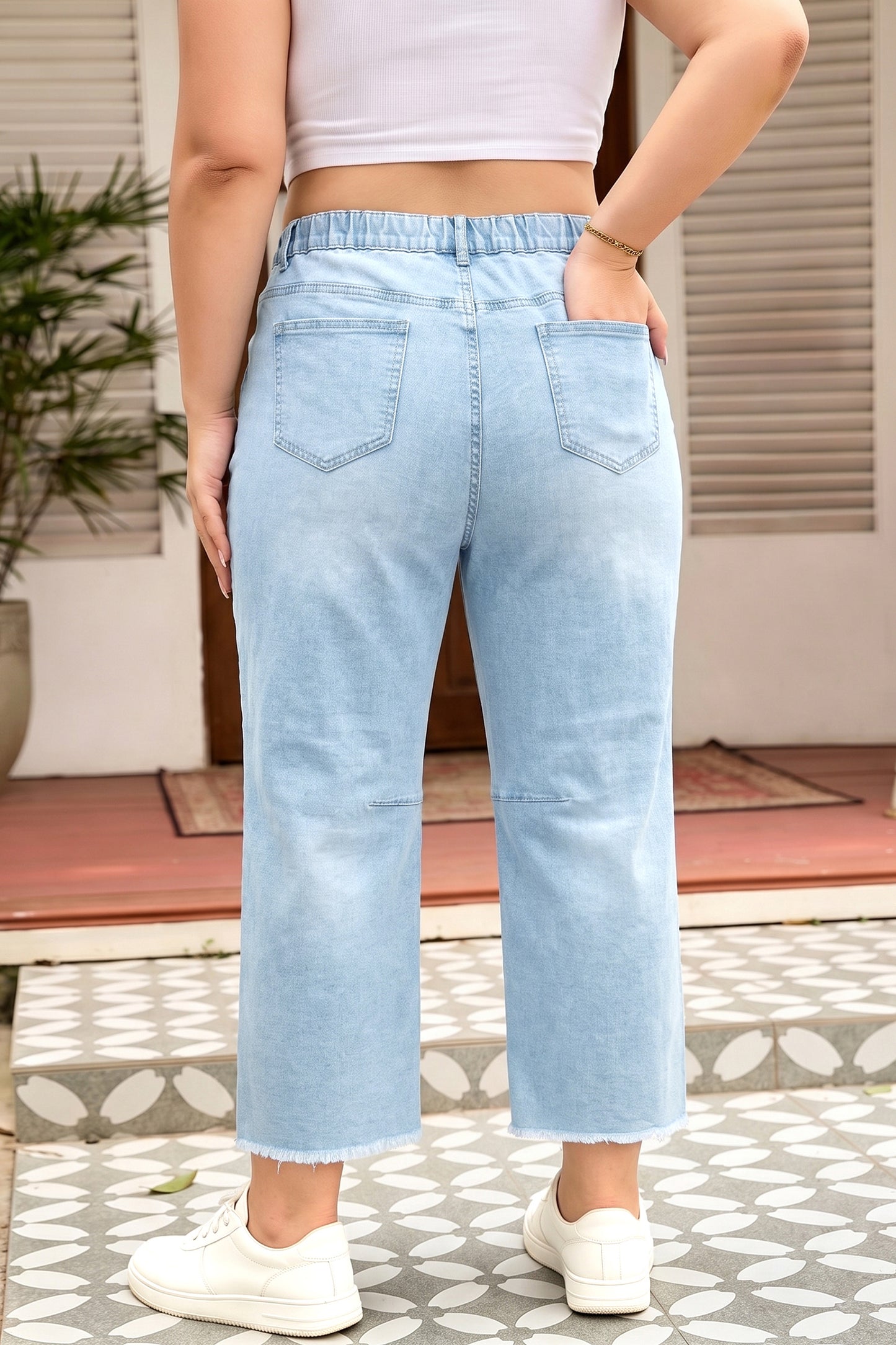 Beau Blue Plus Size Seam Detail Patch Pocket Raw Cut Shift Jeans-Plus Size/Plus Size Bottoms-[Adult]-[Female]-2022 Online Blue Zone Planet
