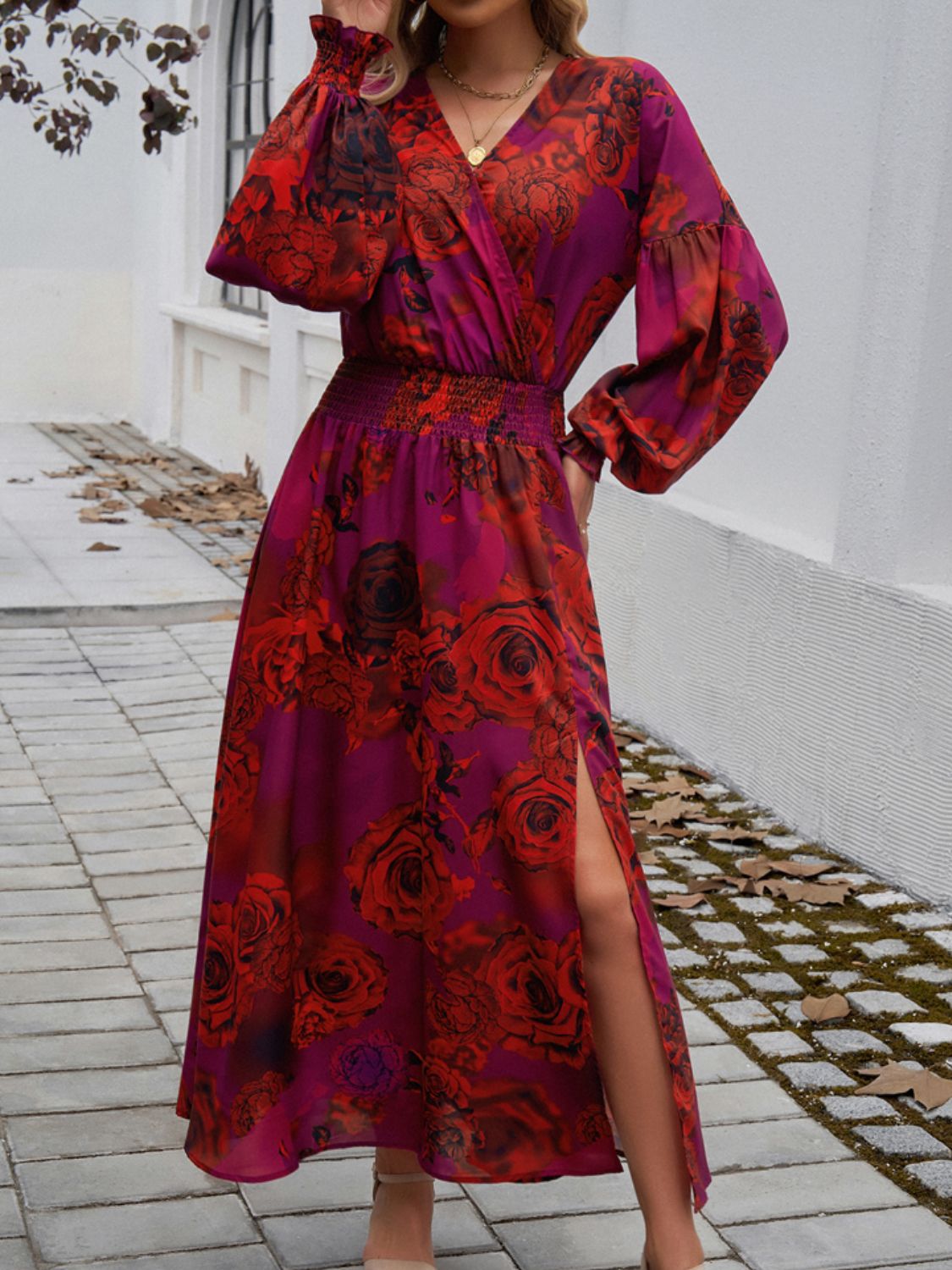 Split Printed Surplice Long Sleeve Midi Dress-TOPS / DRESSES-[Adult]-[Female]-2022 Online Blue Zone Planet