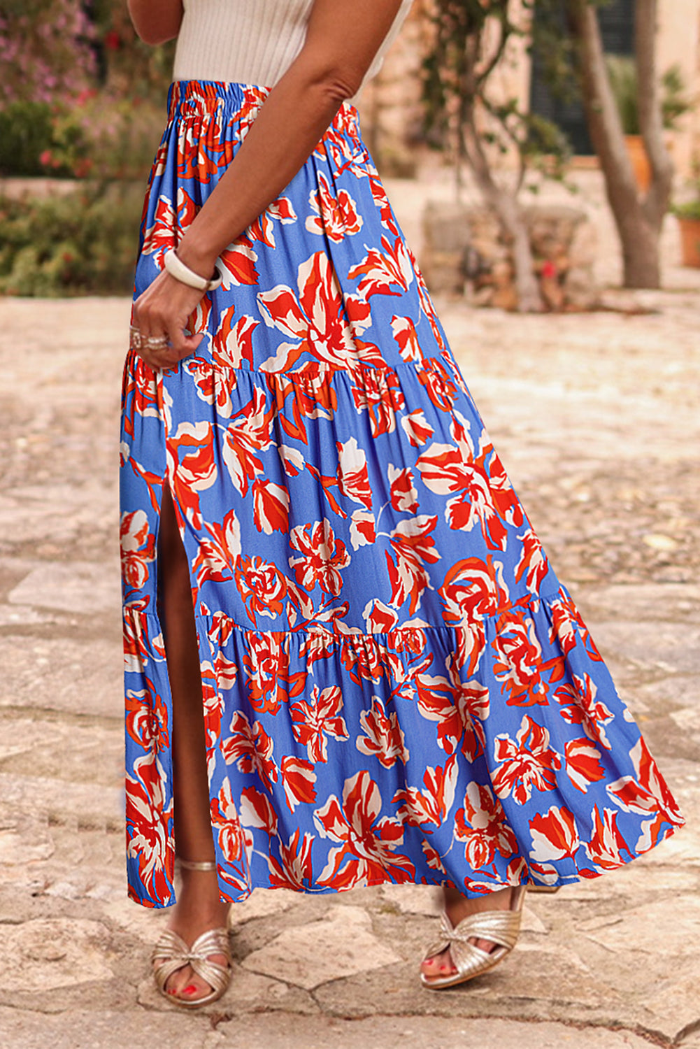 Blue Bohemian Floral Print Tiered Maxi Skirt with Split-Bottoms/Skirts & Petticoat-[Adult]-[Female]-2022 Online Blue Zone Planet
