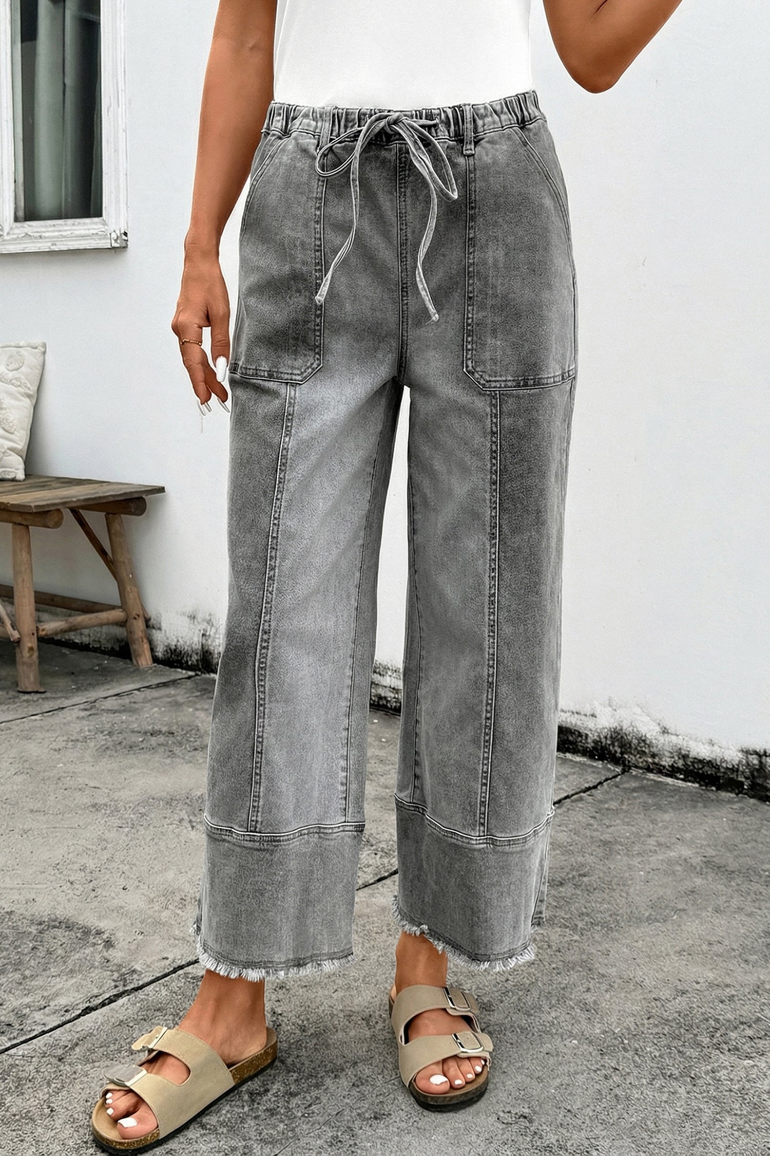 Gray Drawstring Seam Detail Raw Hem Wide Leg Denim Pants-Bottoms/Jeans-[Adult]-[Female]-2022 Online Blue Zone Planet