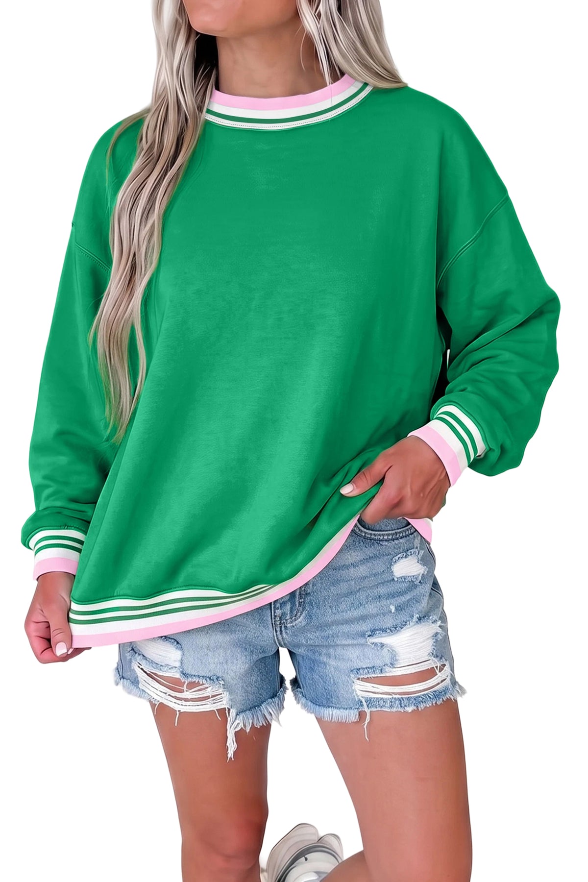 Bright Green Contrast Striped Trim Baggy Pullover Sweatshirt-Tops/Sweatshirts & Hoodies-[Adult]-[Female]-2022 Online Blue Zone Planet