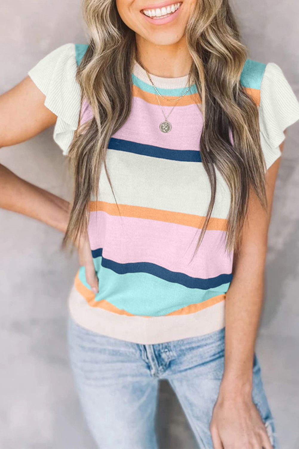 Multicolour Striped Color Block Flutter Sleeve Patchwork Sweater Top-TOPS / DRESSES-[Adult]-[Female]-Multicolour-S-2022 Online Blue Zone Planet