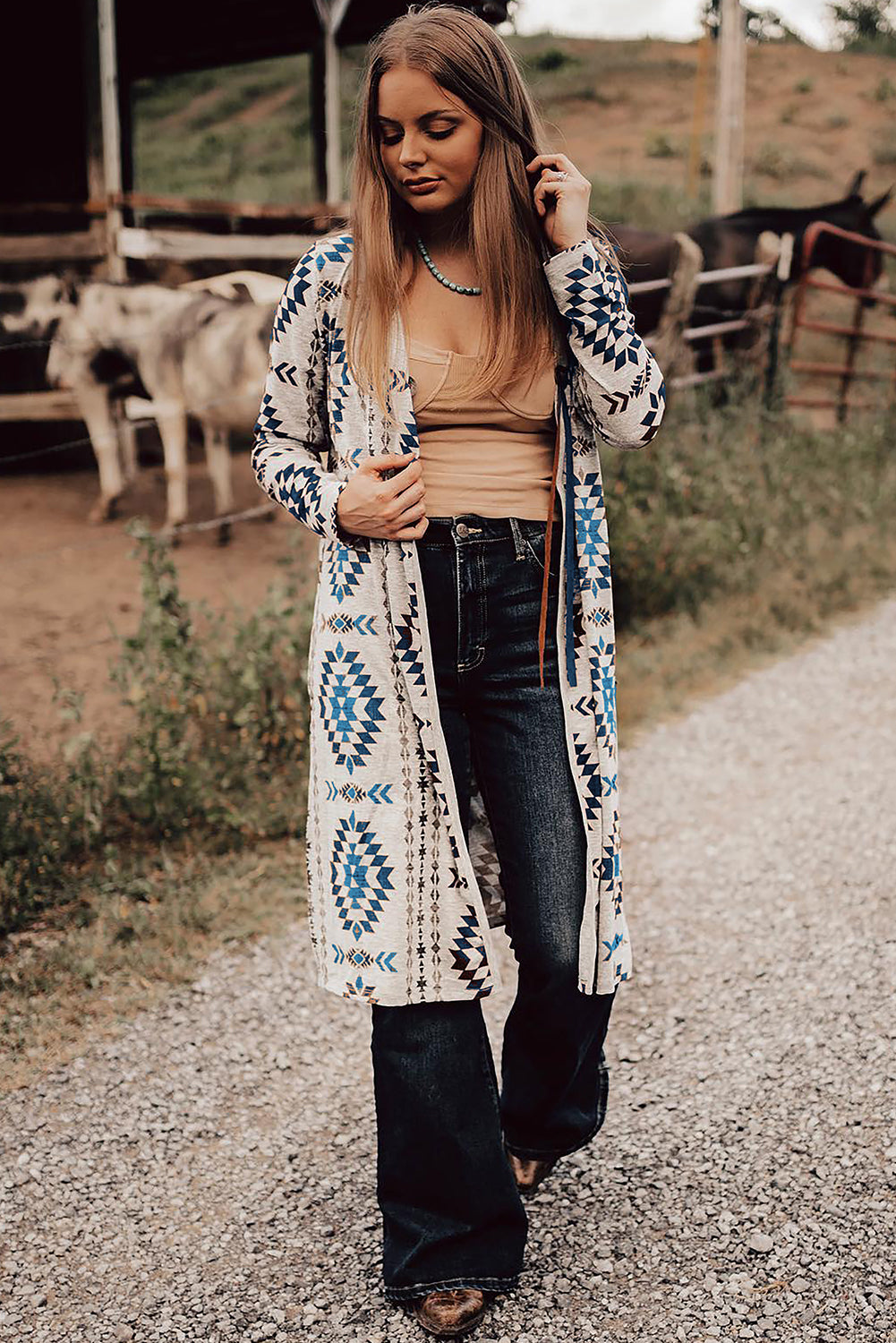 Sky Blue Western Aztec Printed Open Front Long Cardigan-Sweaters & Cardigans/Cardigans-[Adult]-[Female]-2022 Online Blue Zone Planet