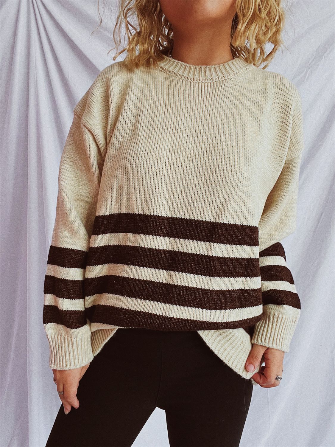 Striped Dropped Shoulder Long Sleeve Sweater-TOPS / DRESSES-[Adult]-[Female]-2022 Online Blue Zone Planet