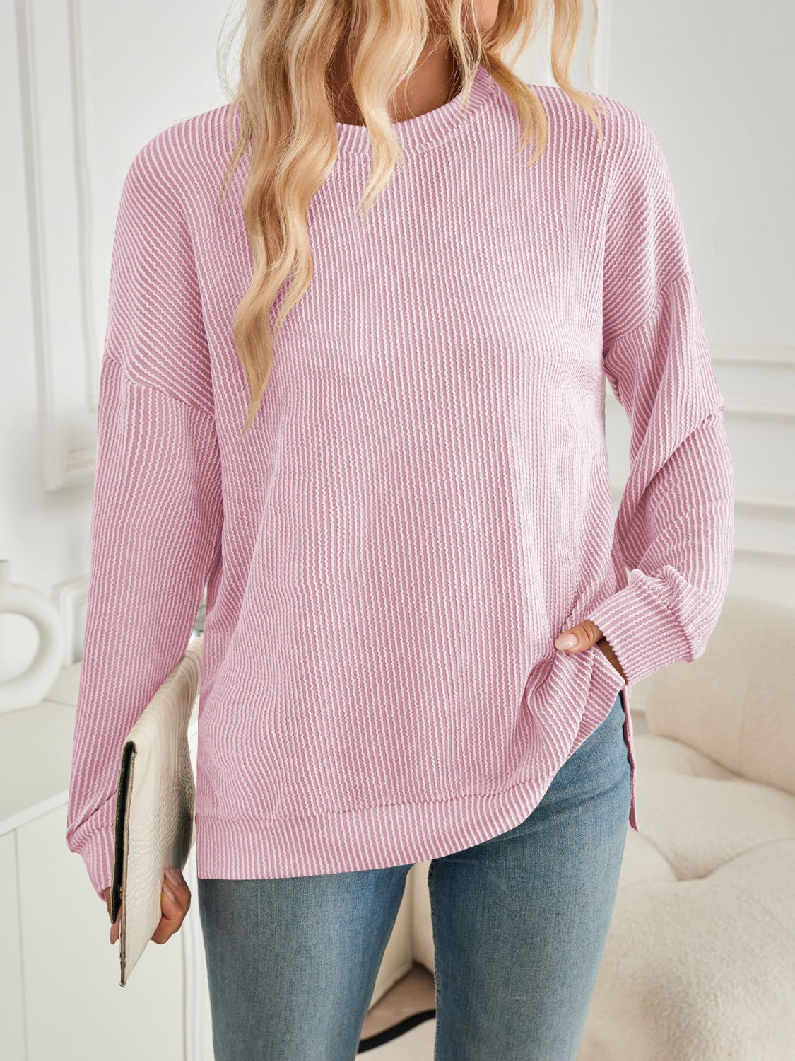 Blue Zone Planet | Lovelet Slit Round Neck Long Sleeve Sweatshirt-TOPS / DRESSES-[Adult]-[Female]-Blush Pink-S-2022 Online Blue Zone Planet